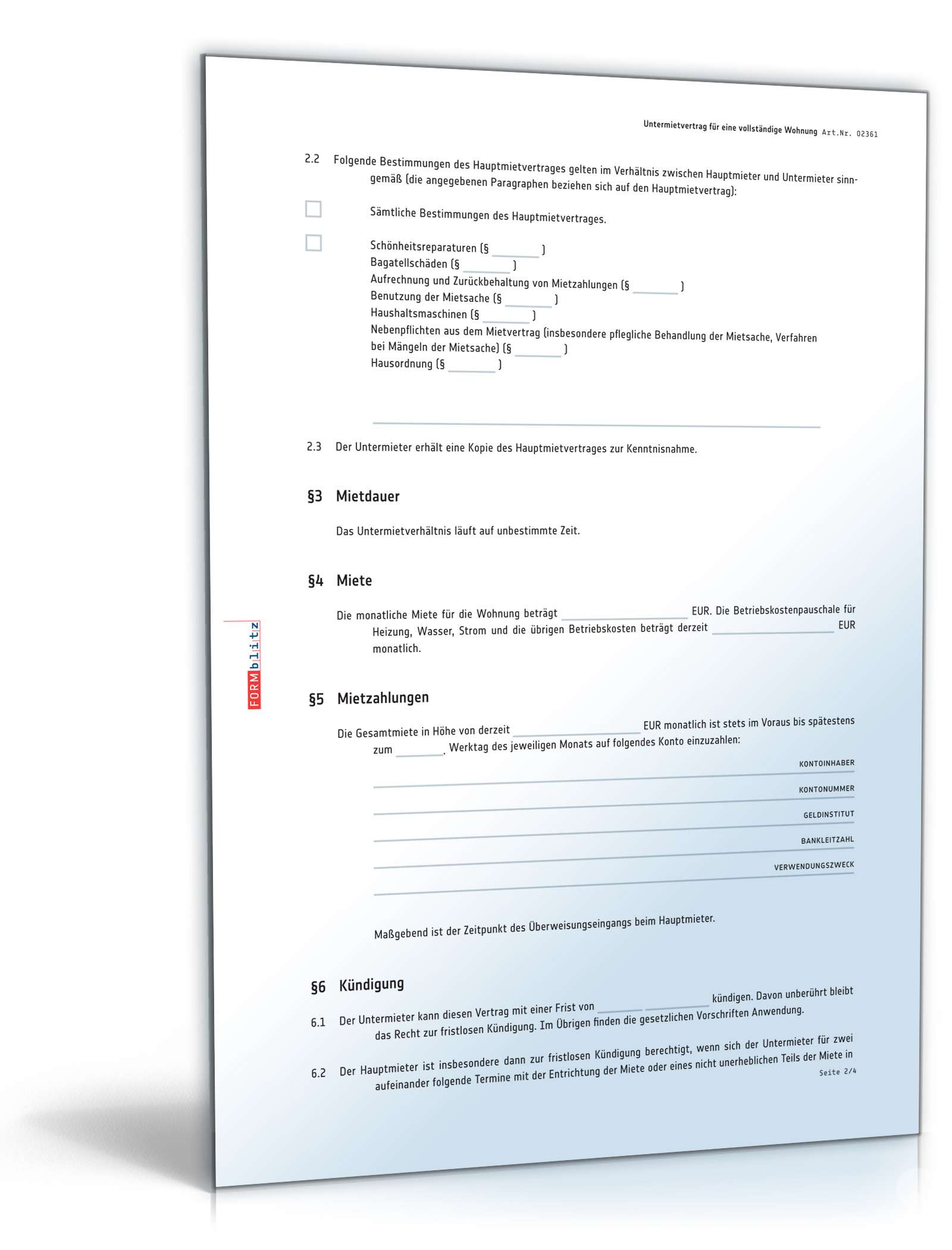 Untermietvertrag vollständige Wohnung PDF. Seite: 2