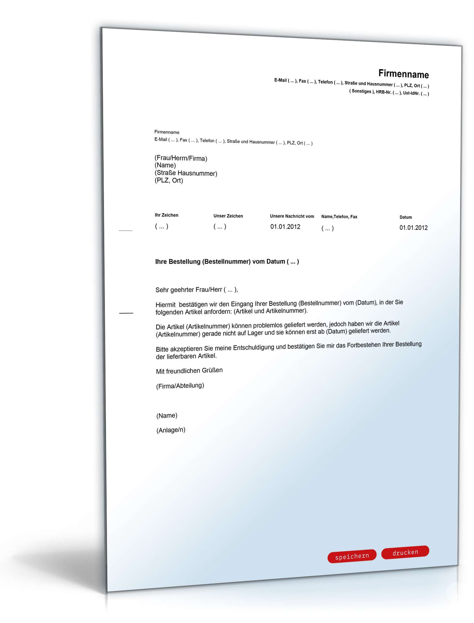 Entschuldigung Nichtlieferbarkeit Artikel Englisch/Deutsch PDF. Seite: 2