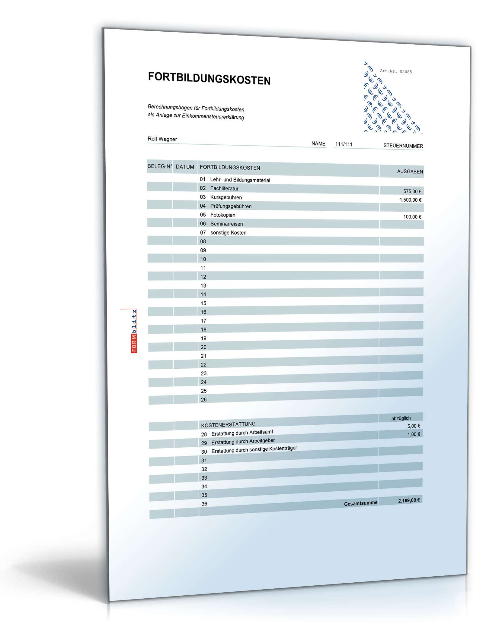 Werbungskosten Fortbildungskosten Excel