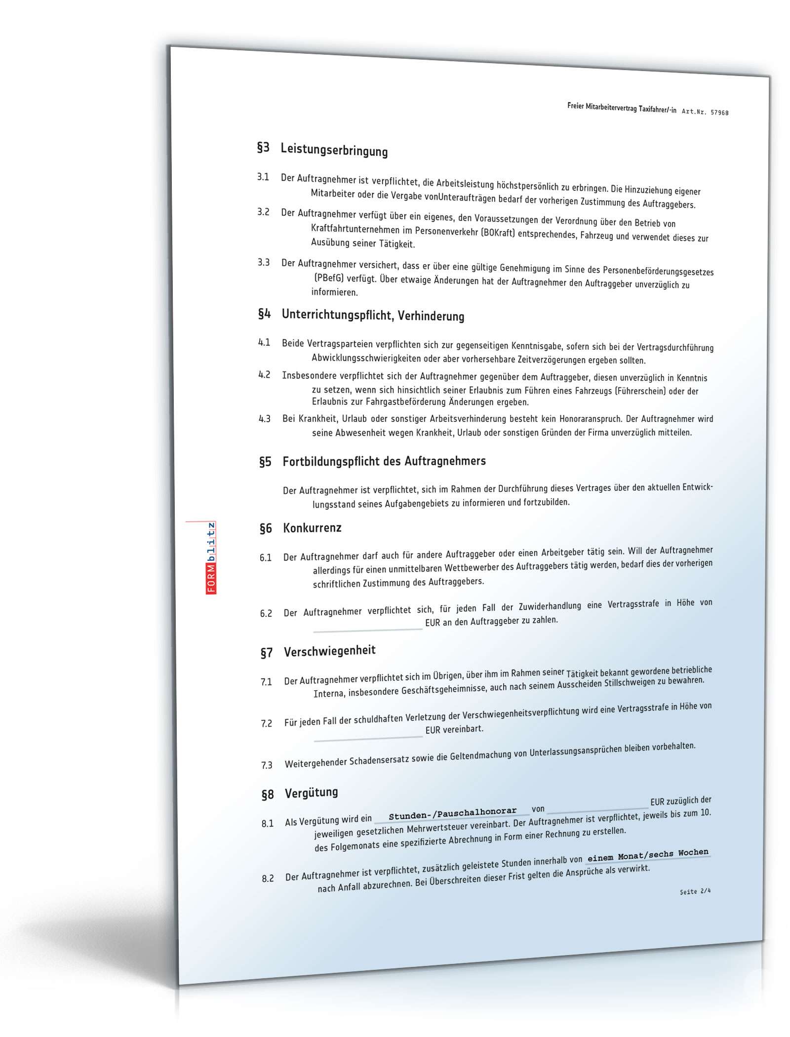 Freier Mitarbeitervertrag Taxifahrer PDF. Seite: 2