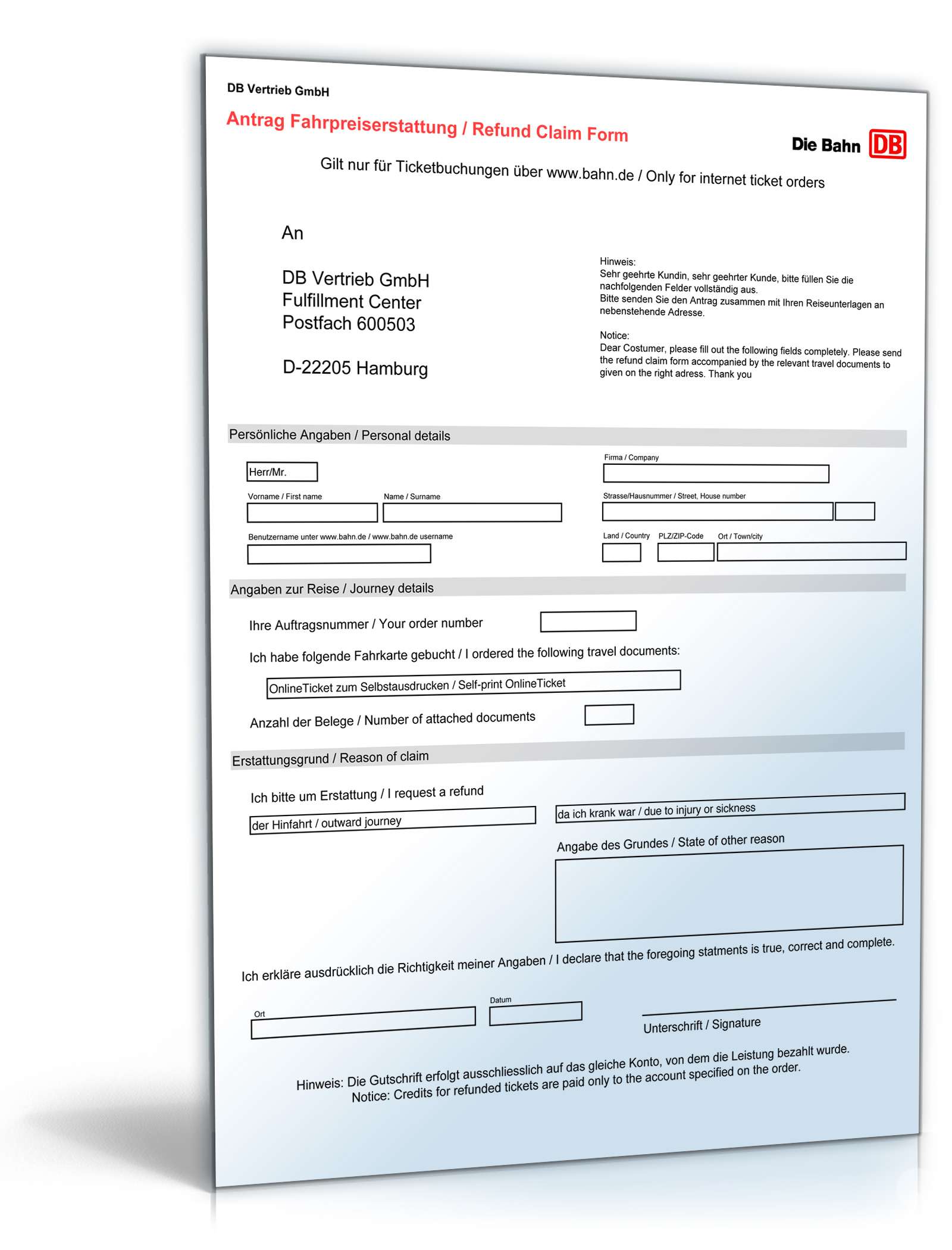 Antrag auf Fahrpreiserstattung bei der Deutschen Bahn PDF