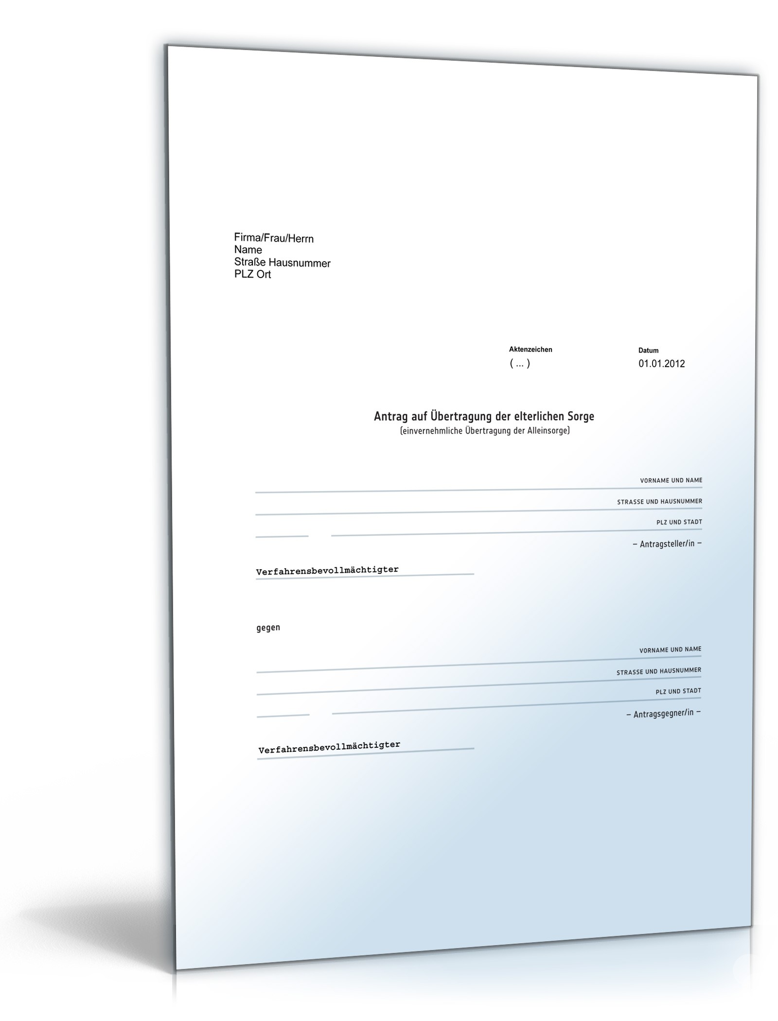 Antrag auf Übertragung des alleinigen Sorgerechts (einvernehmlich) PDF