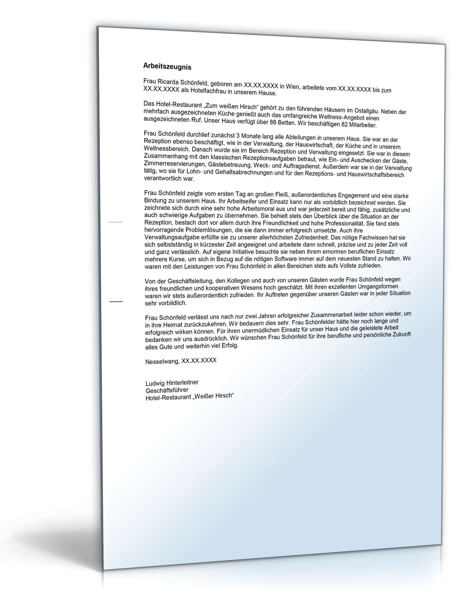 Arbeitszeugnis Hotelfachleute Excel. Seite: 2