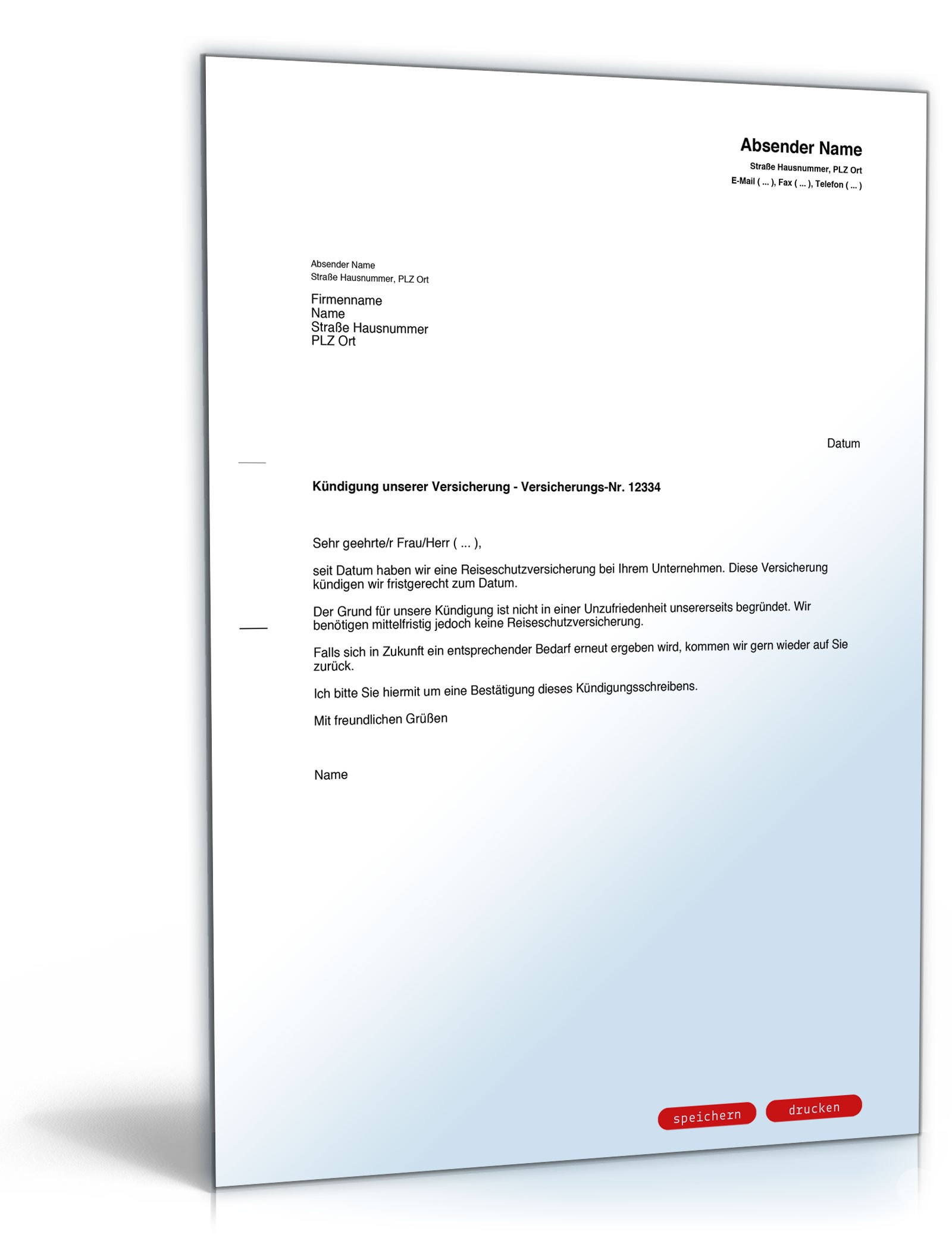 Fristgemäße Kündigung Reiseschutzversicherung PDF