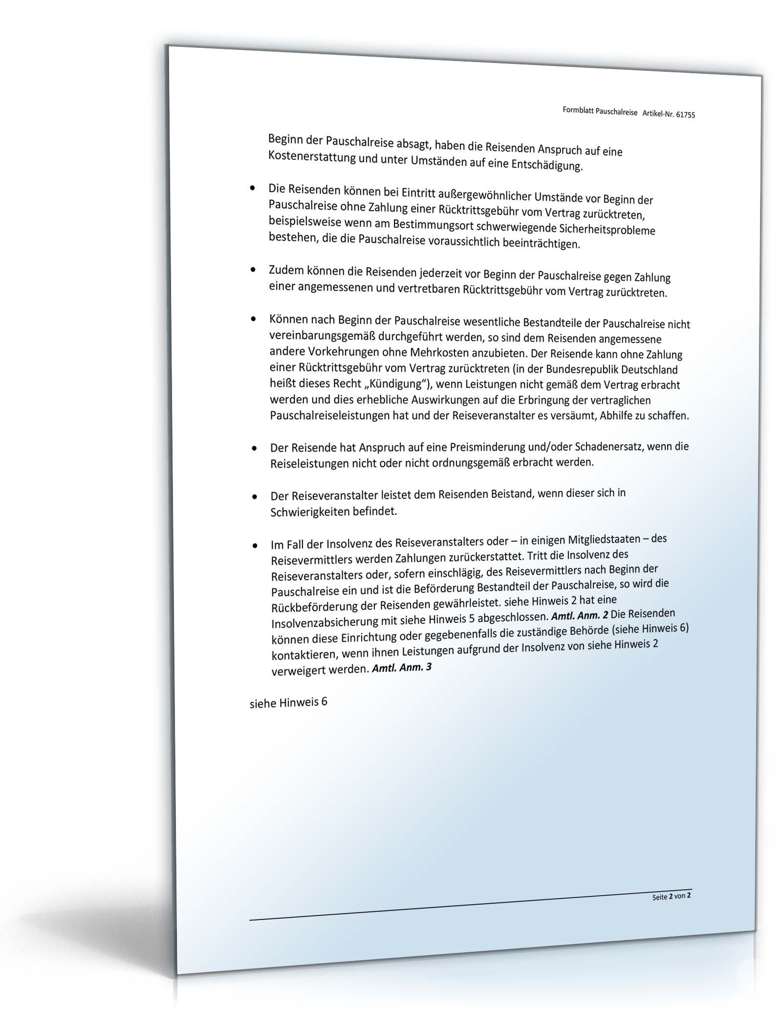 Formblatt Pauschalreise § 651c BGB Word. Seite: 2