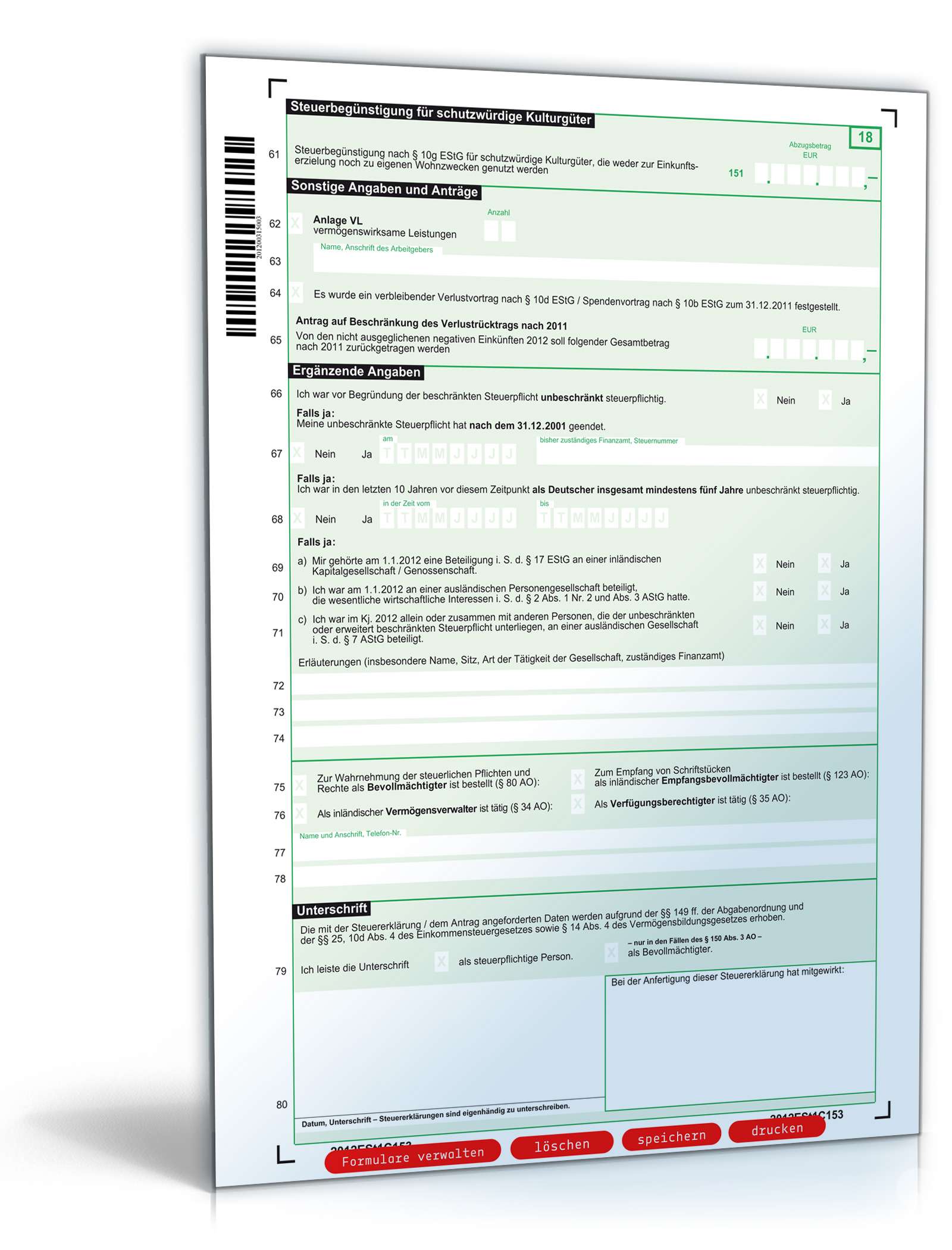 Einkommensteuererklärung 2012 - Mantelbogen beschränkte Steuerpflicht PDF. Seite: 3