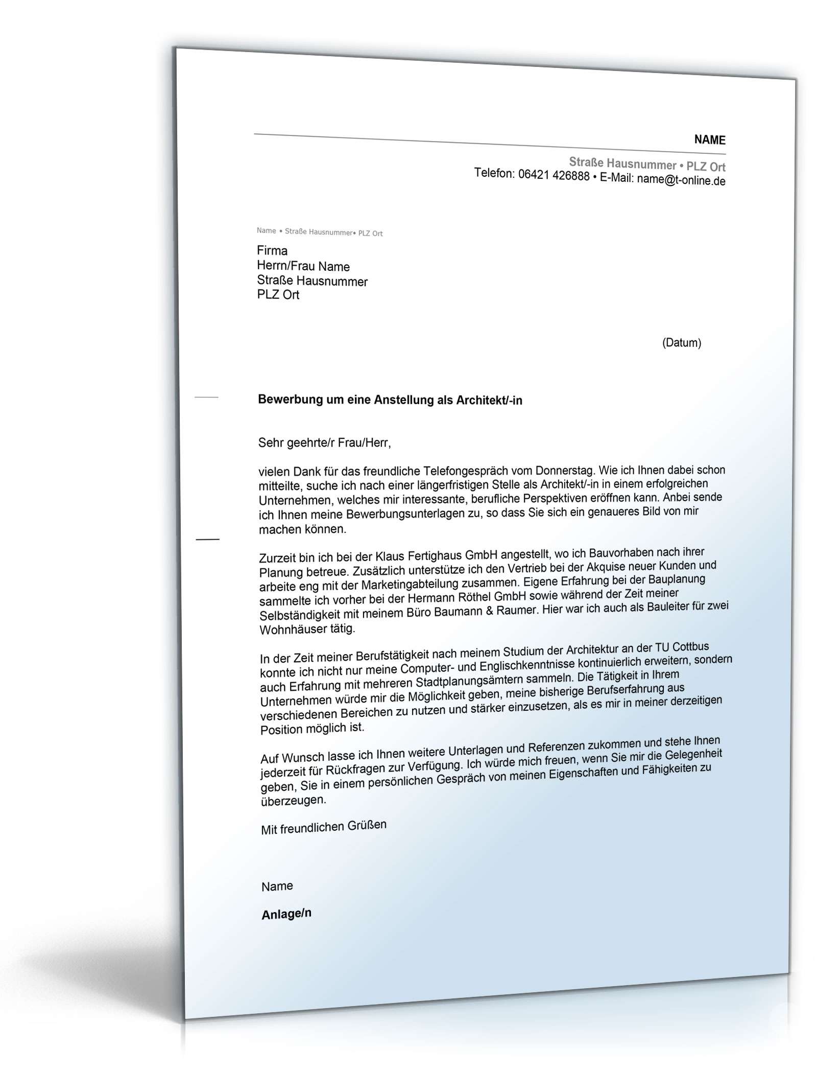 Anschreiben Bewerbung Architekt Excel