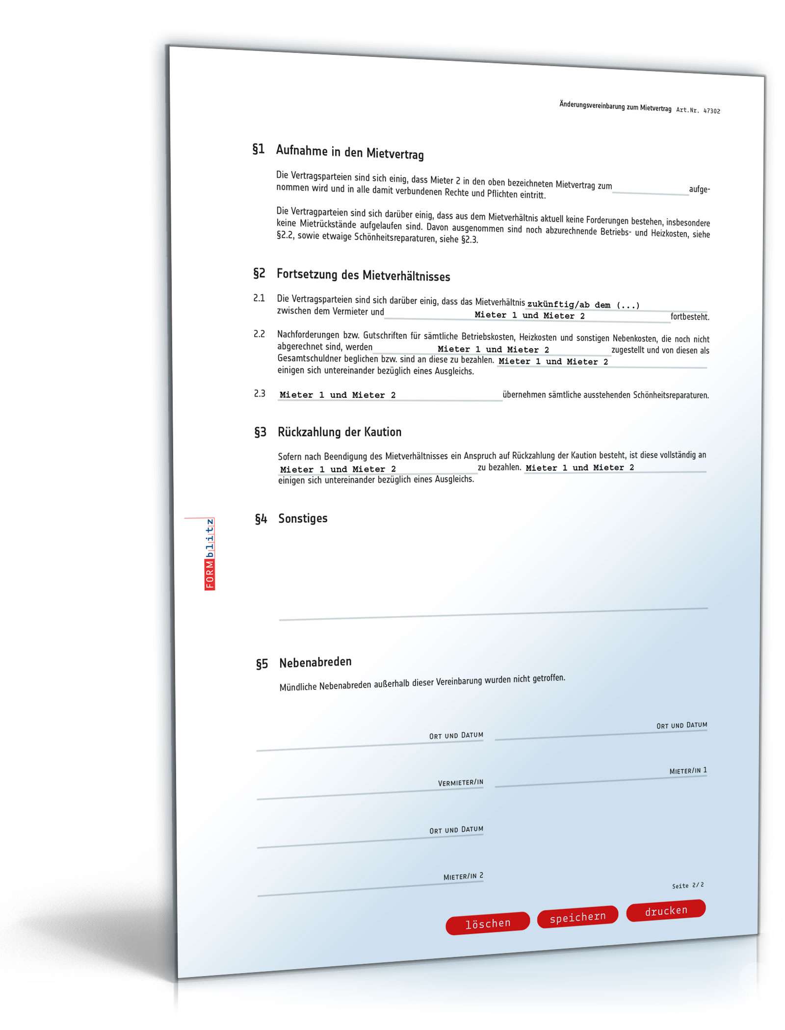 Änderungsvereinbarung Mietvertrag Aufnahme Mieter PDF. Seite: 2