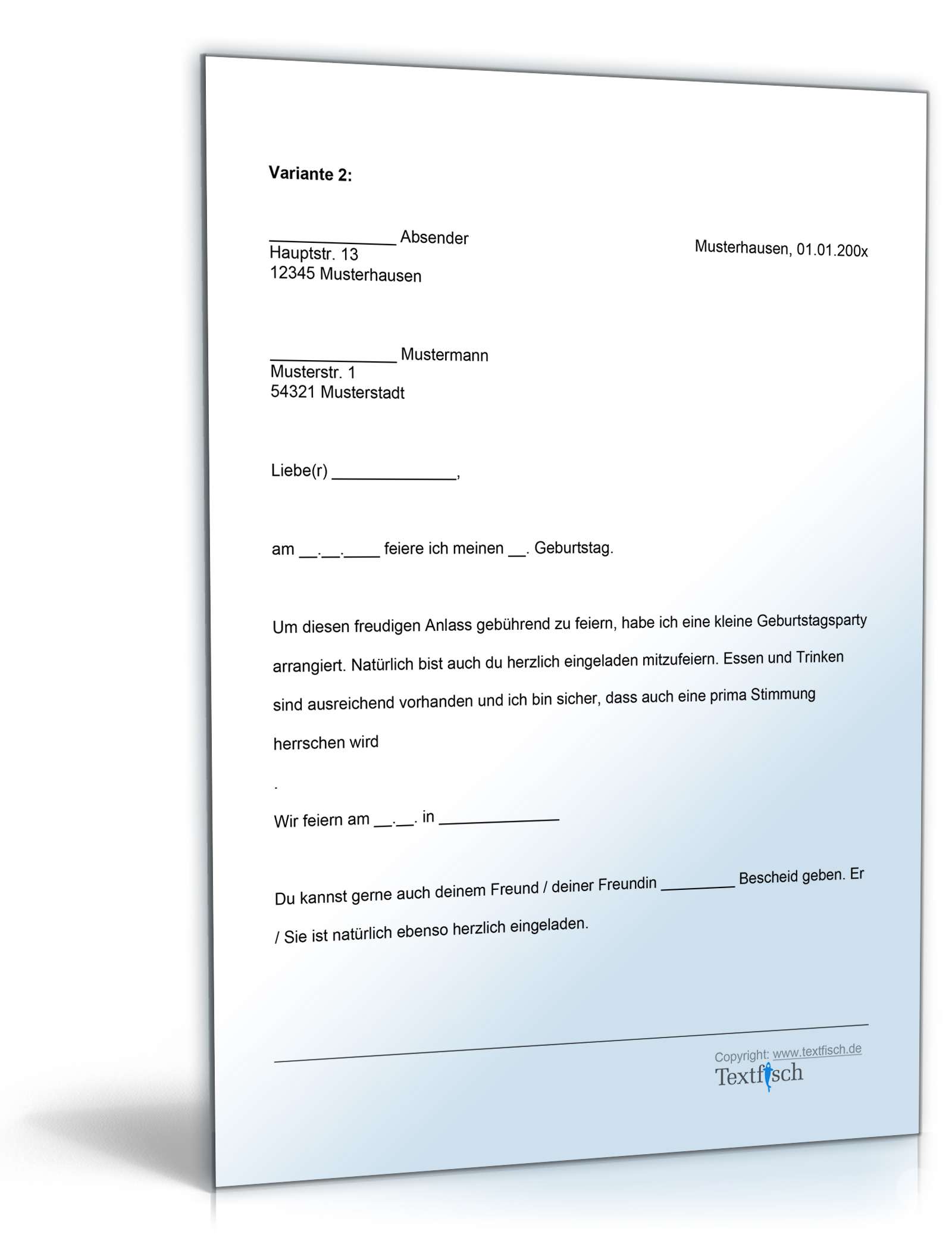 Einladung Geburtstag Vereinskameraden Word. Seite: 2