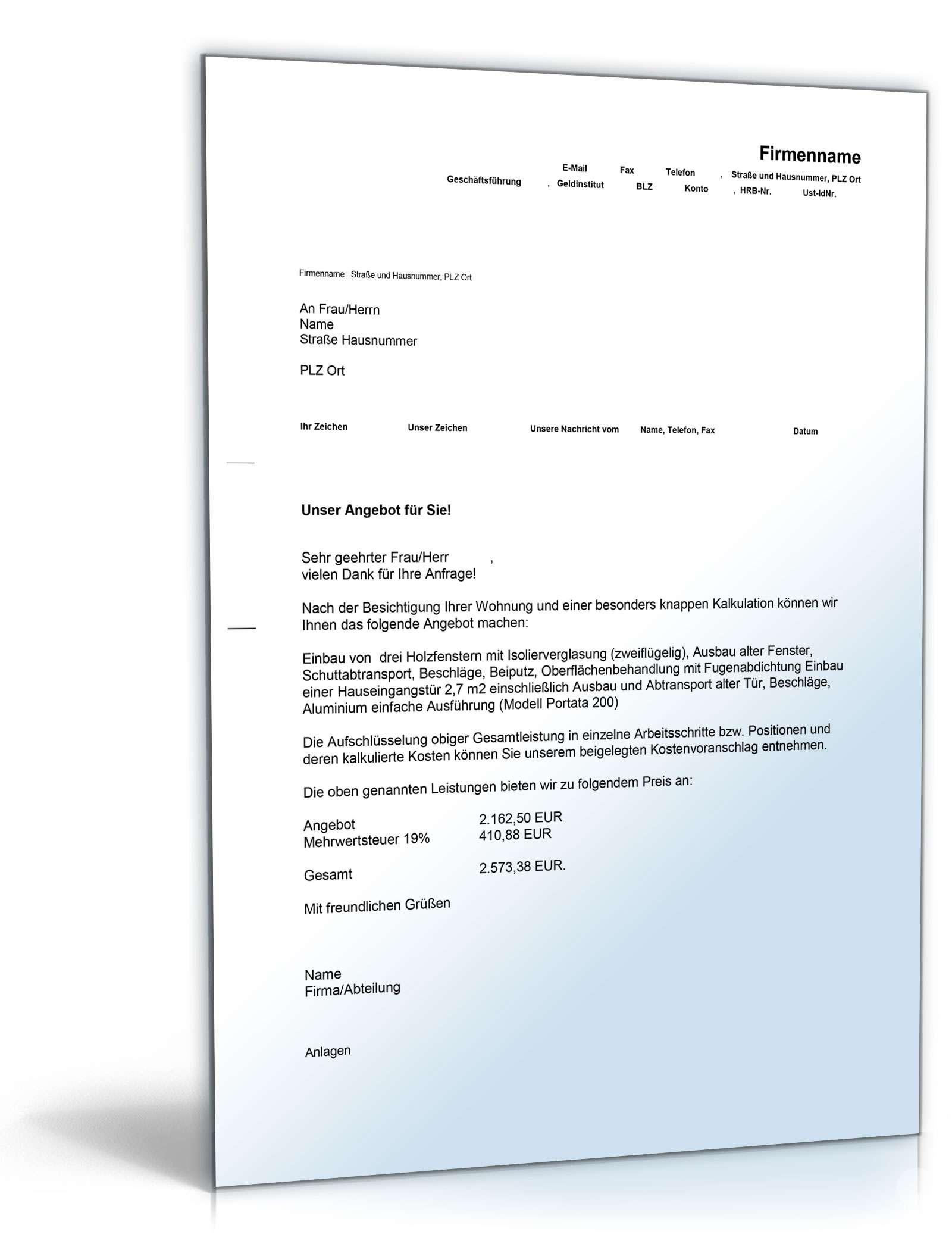 Kostenvoranschlag Fenster- und Türeneinbau  Excel. Seite: 3