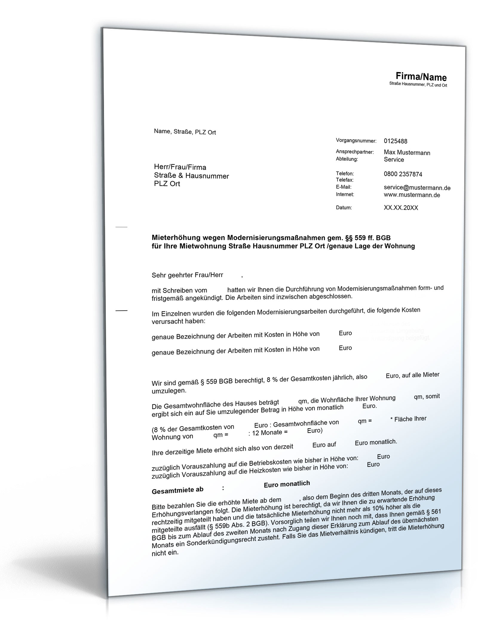 Mieterhöhung wegen Modernisierungsmaßnahmen Word