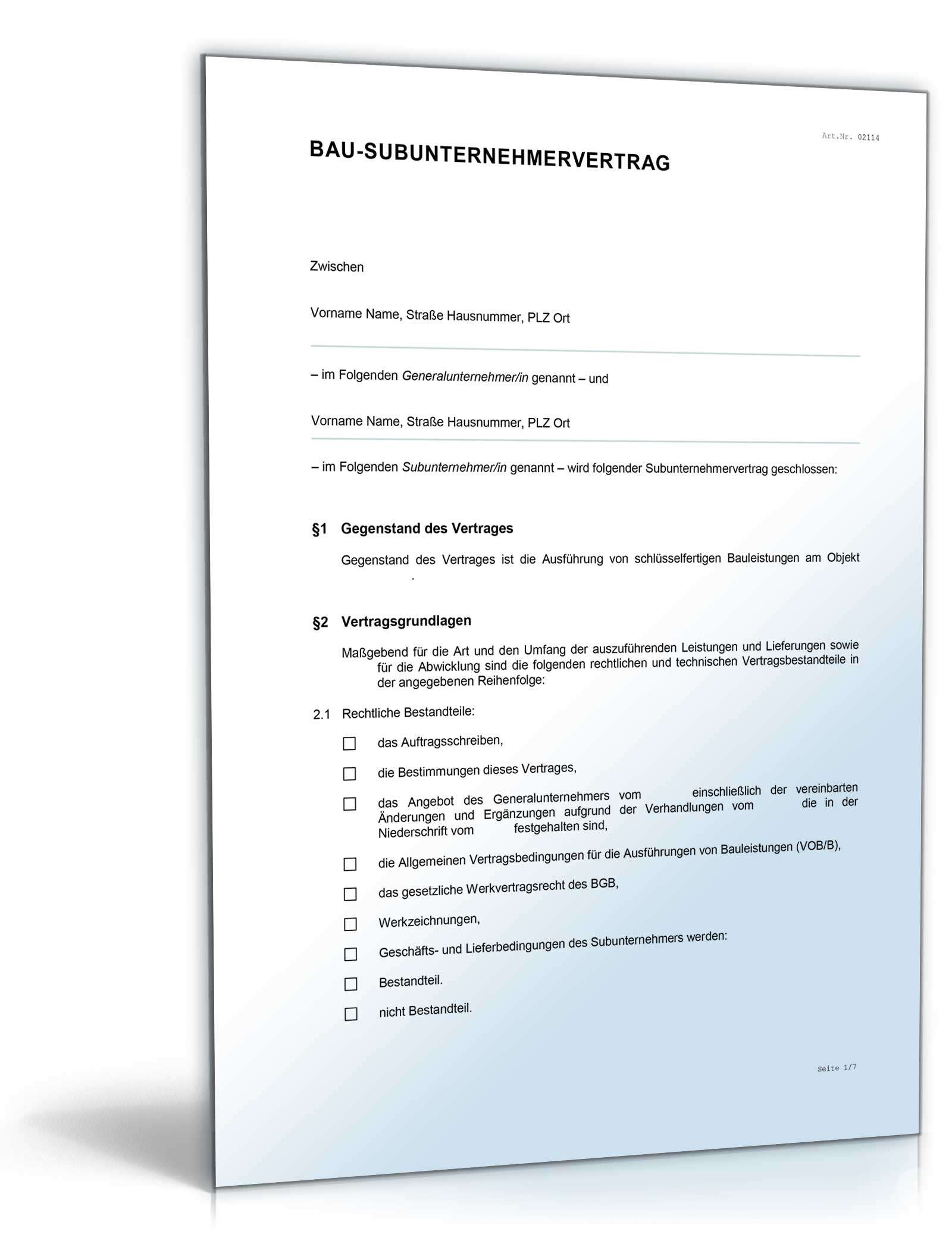 Subunternehmervertrag Bau Word