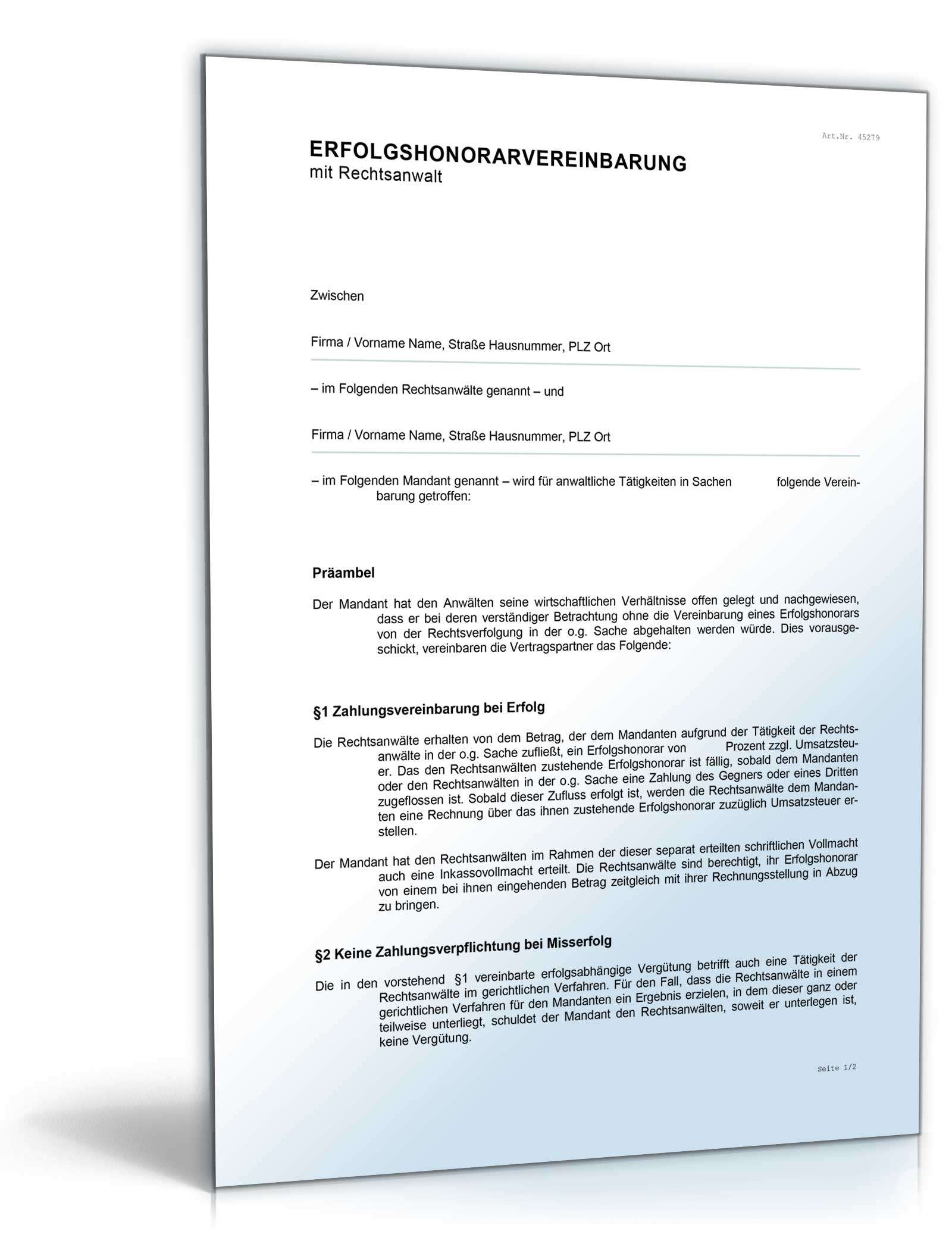 Vereinbarung Erfolgshonorar Rechtsanwalt Word
