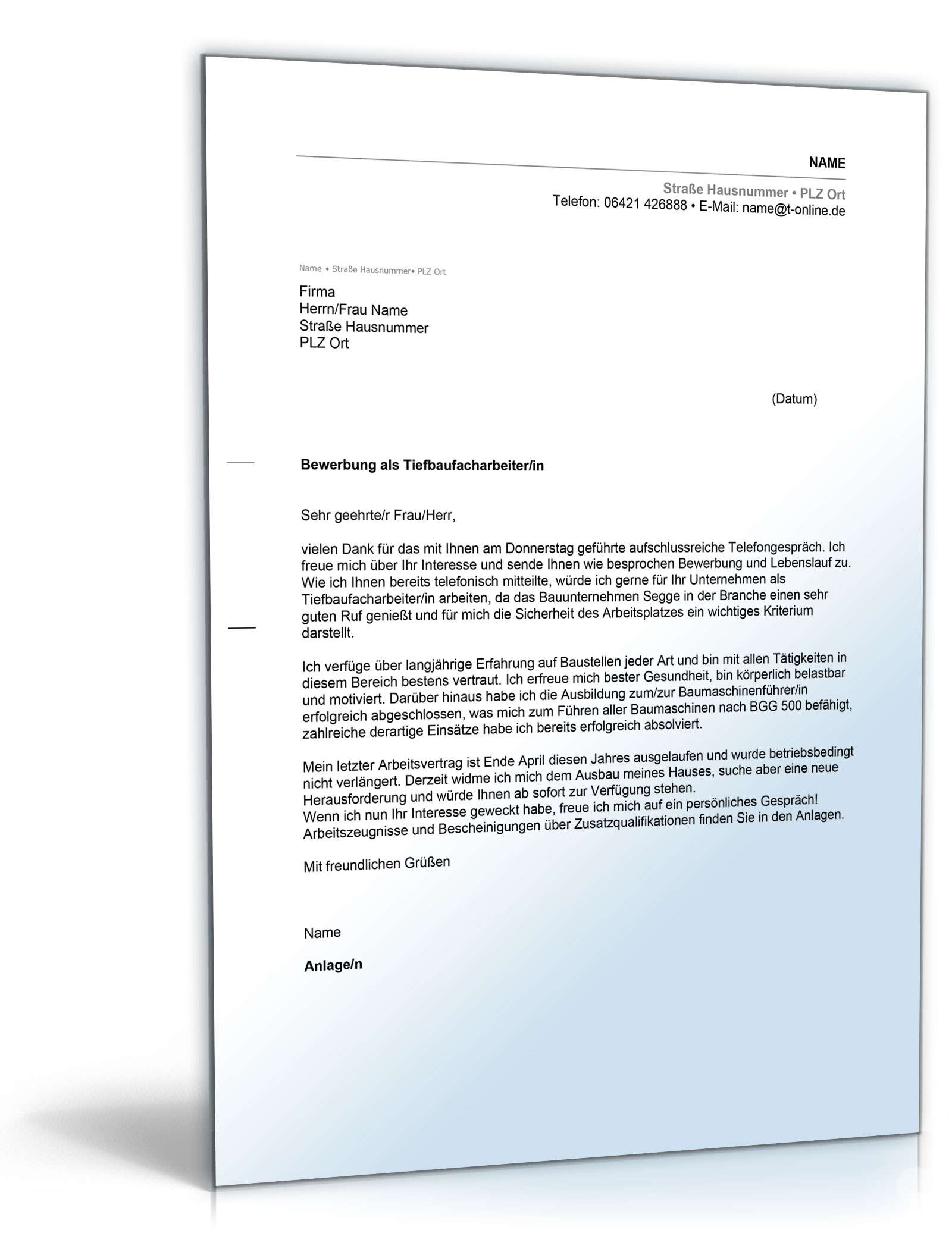 Anschreiben Bewerbung Tiefbaufacharbeiter Excel