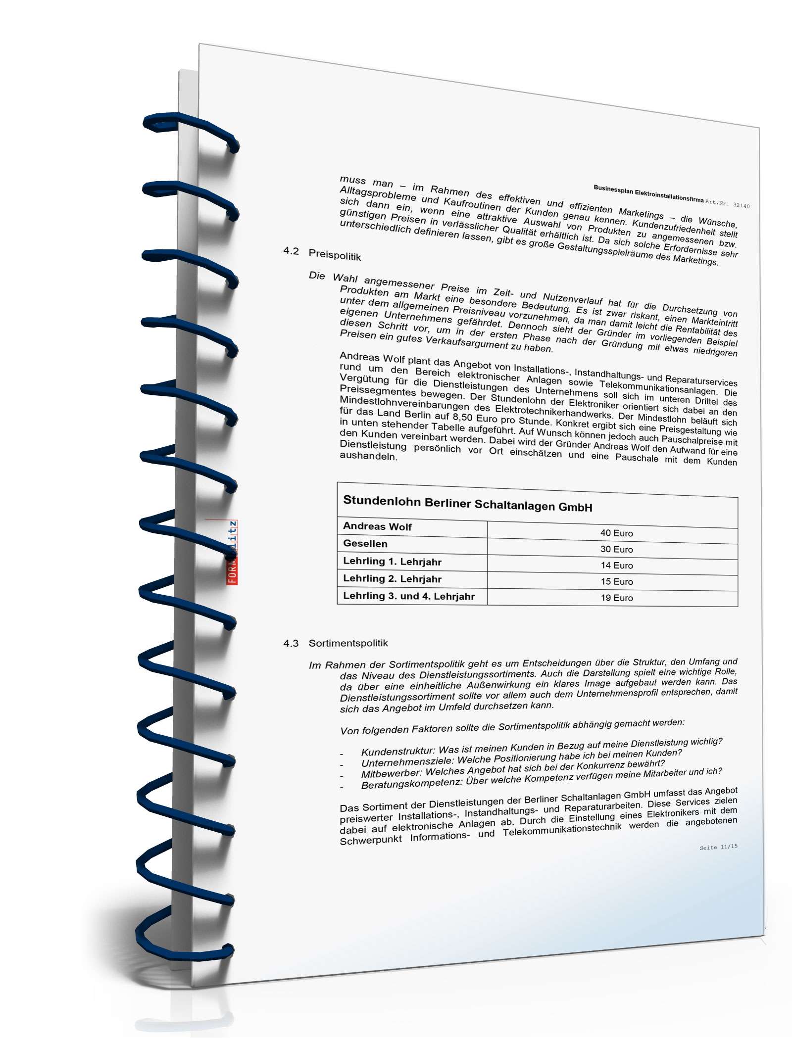 Businessplan Elektroinstallationsbetrieb Excel. Seite: 9