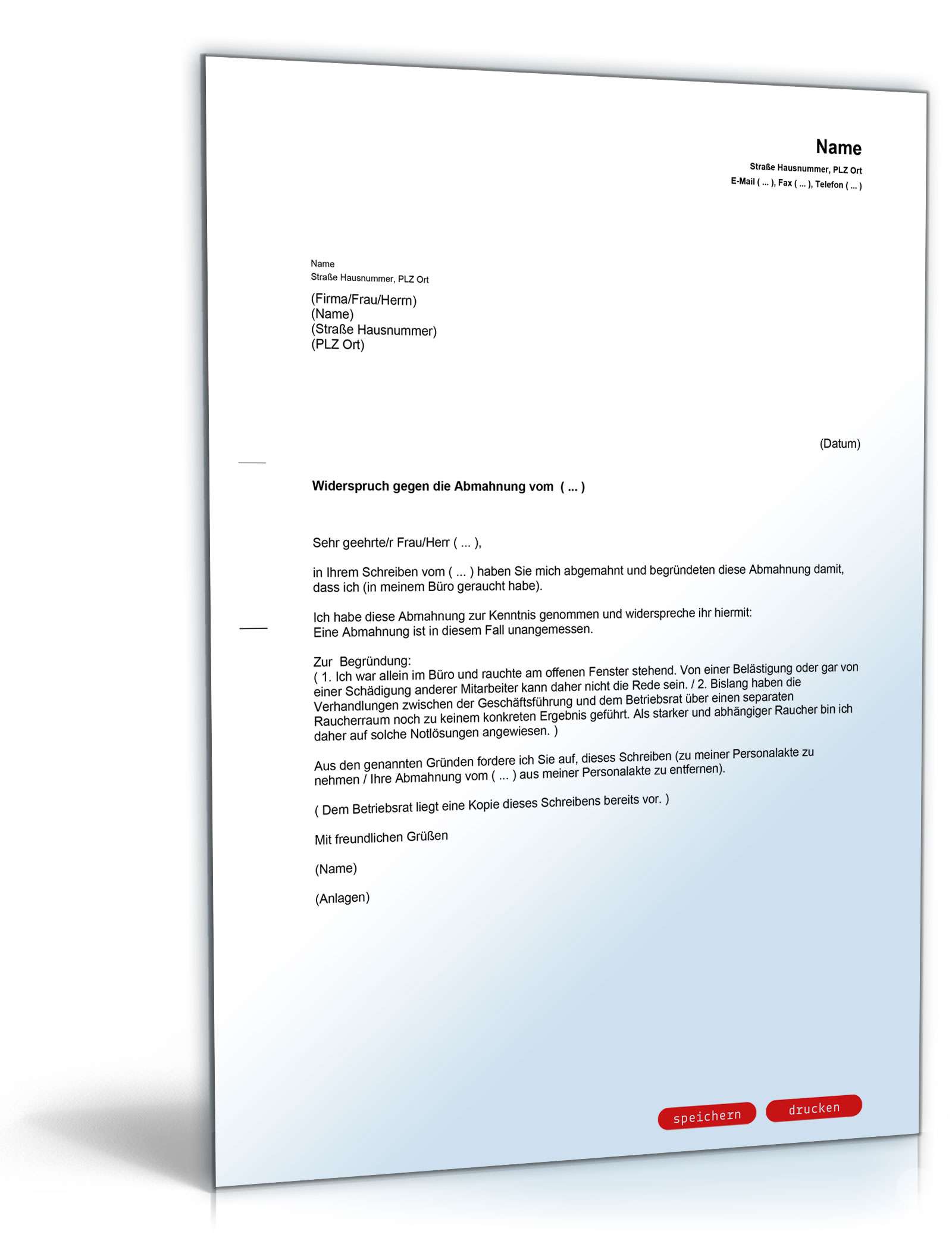 Gegendarstellung Abmahnung Verstoß gegen Rauchverbot PDF