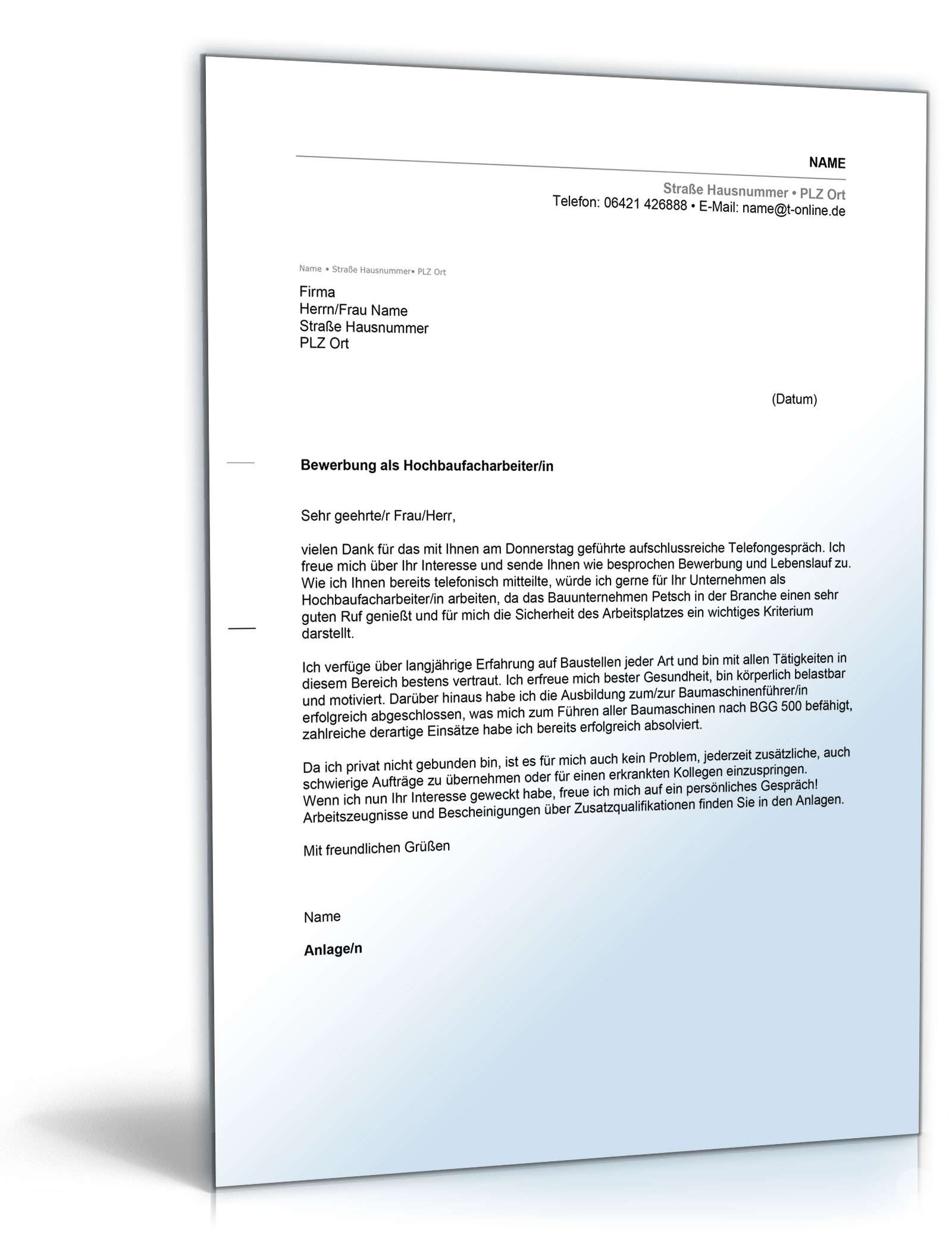 Anschreiben Bewerbung Hochbaufacharbeiter Excel