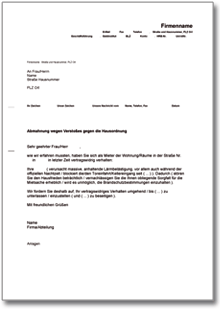 Abmahnung Mieter Verstoß gegen die Hausordnung Word