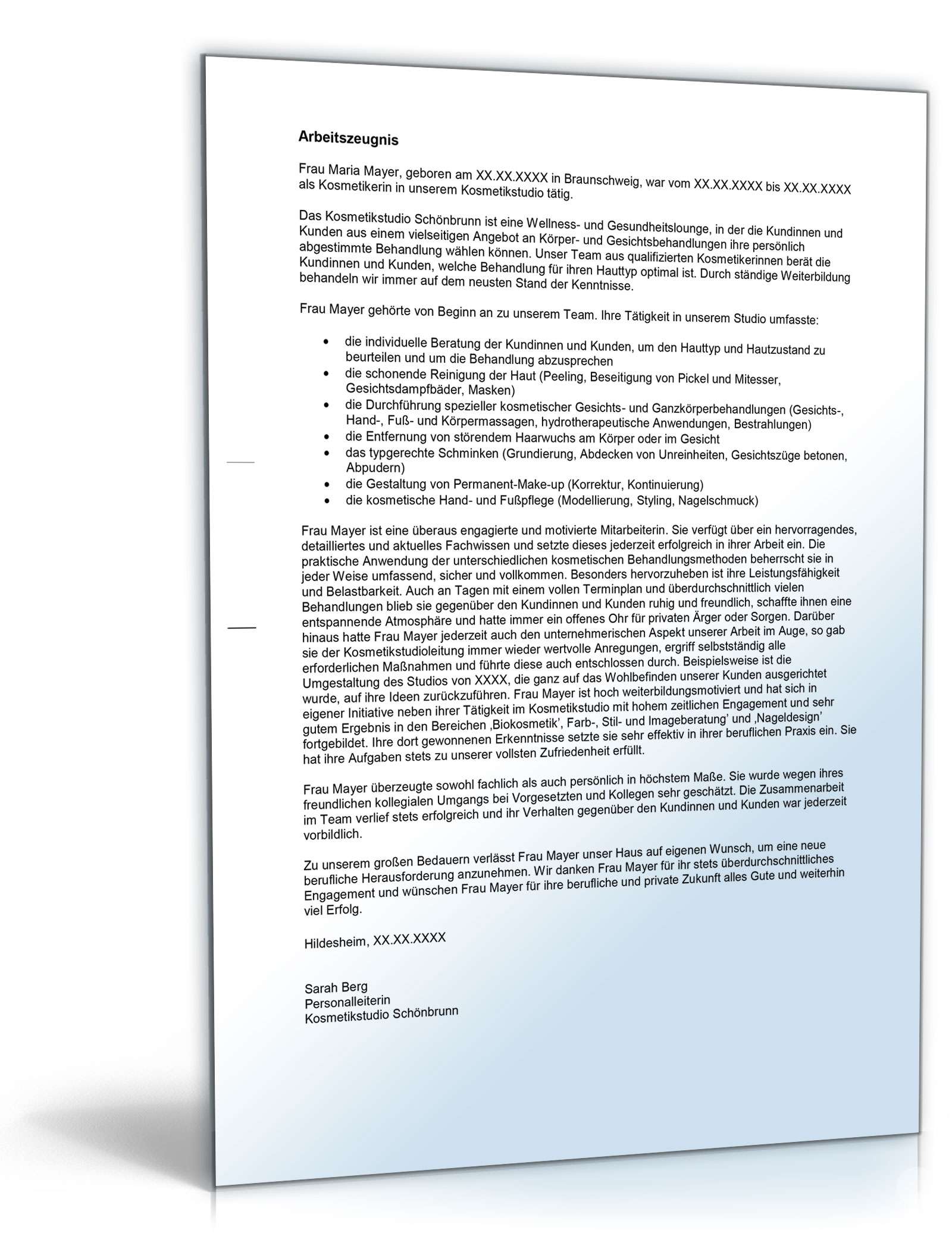 Arbeitszeugnis Kosmetikerin Excel. Seite: 3