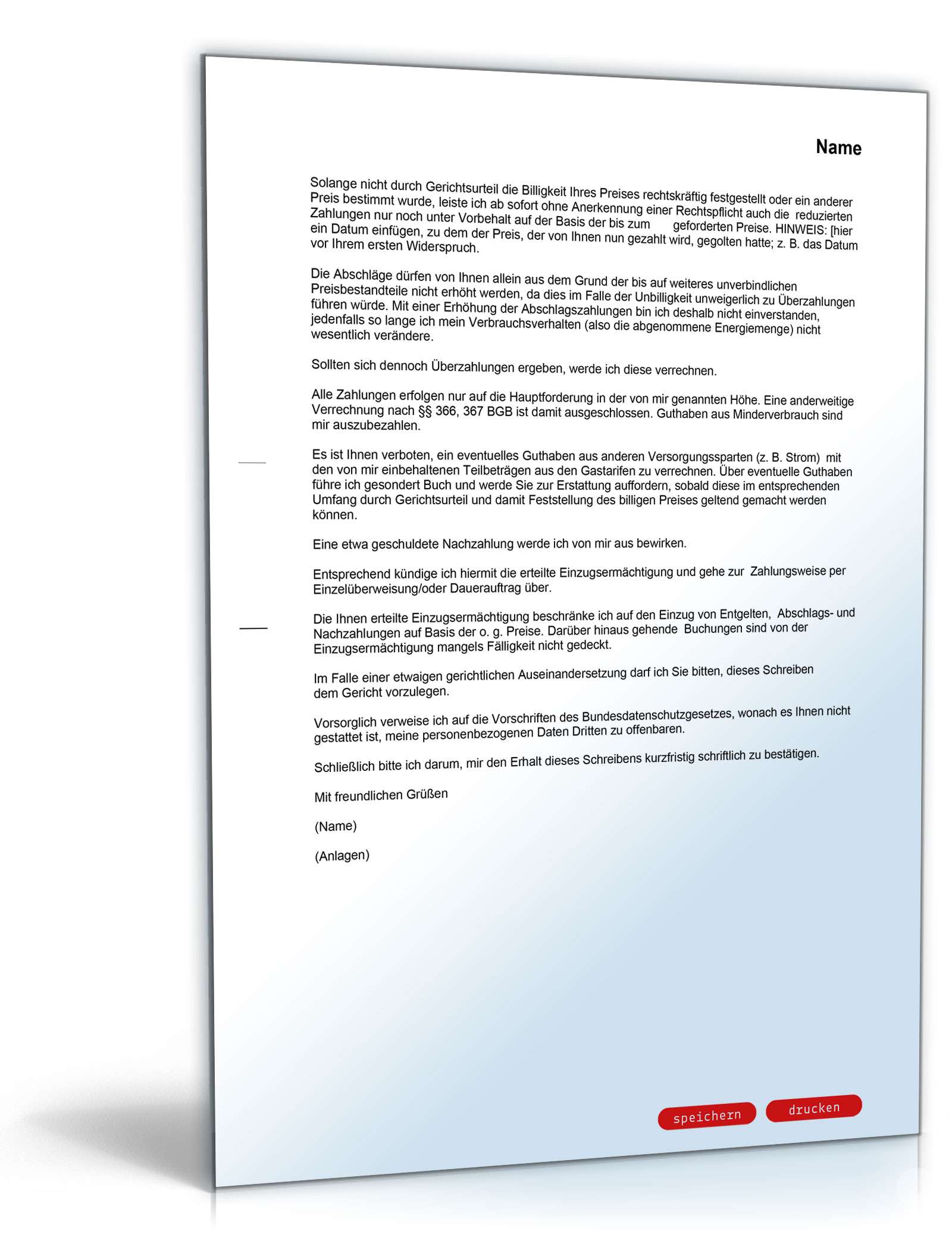 Widerspruch Preiserhöhung Gasversorger PDF. Seite: 2