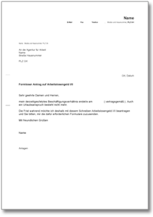 Anfrage wegen Zusendung eines Antrages auf ALG I Word