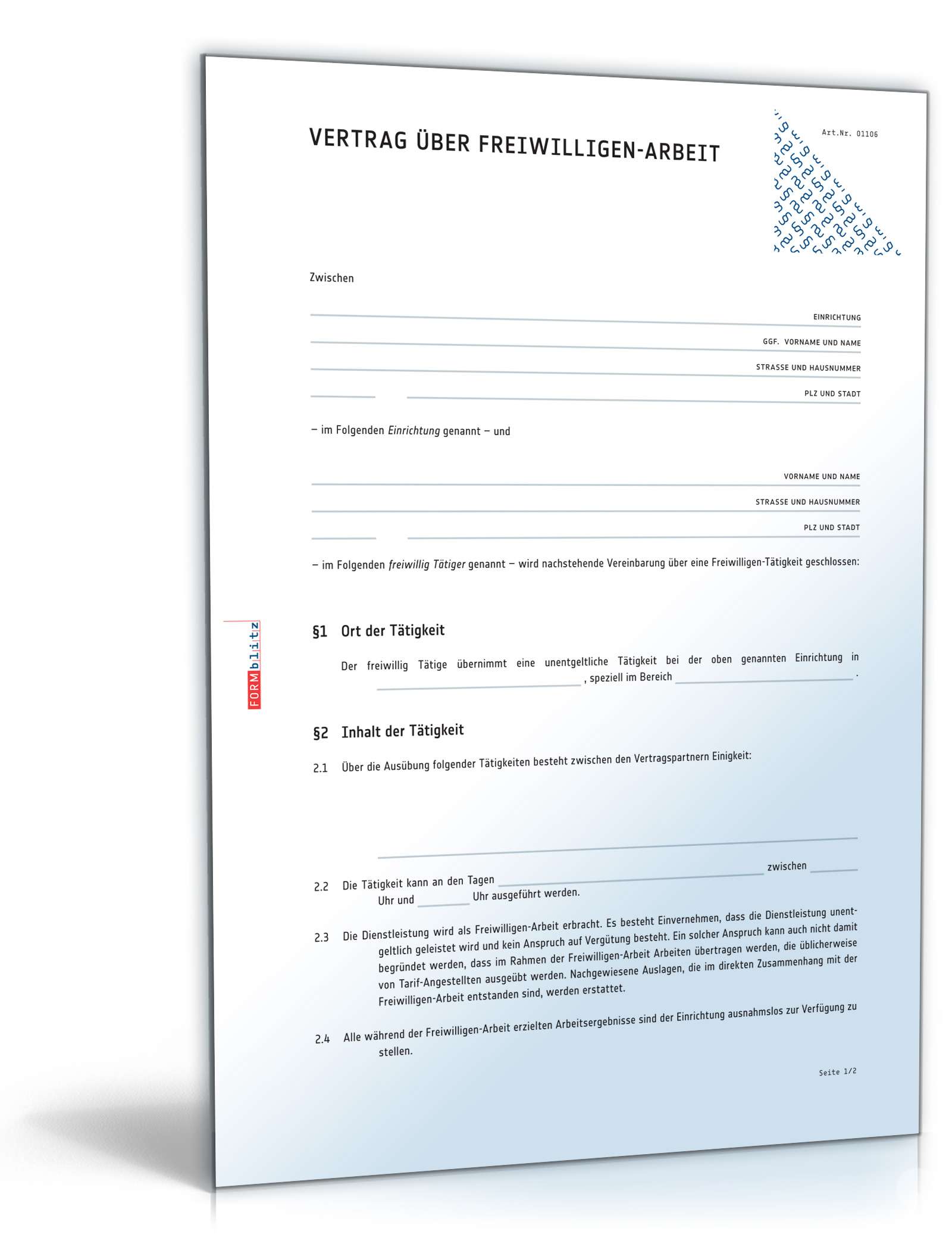 Ehrenamtsvertrag bzw. Vertrag über Freiwilligen-Arbeit PDF