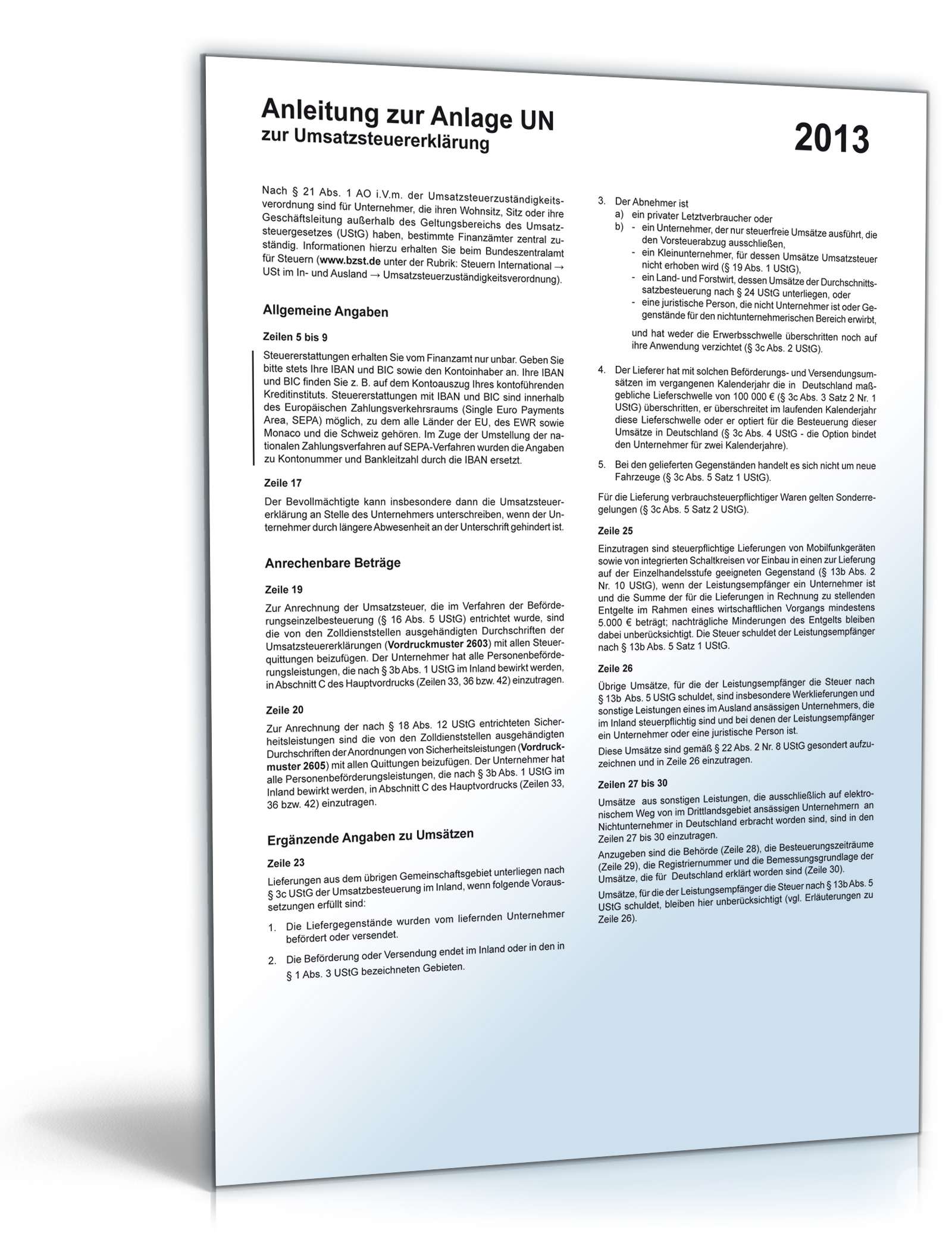 Anlage UN zur Umsatzsteuererklärung 2013 PDF. Seite: 2