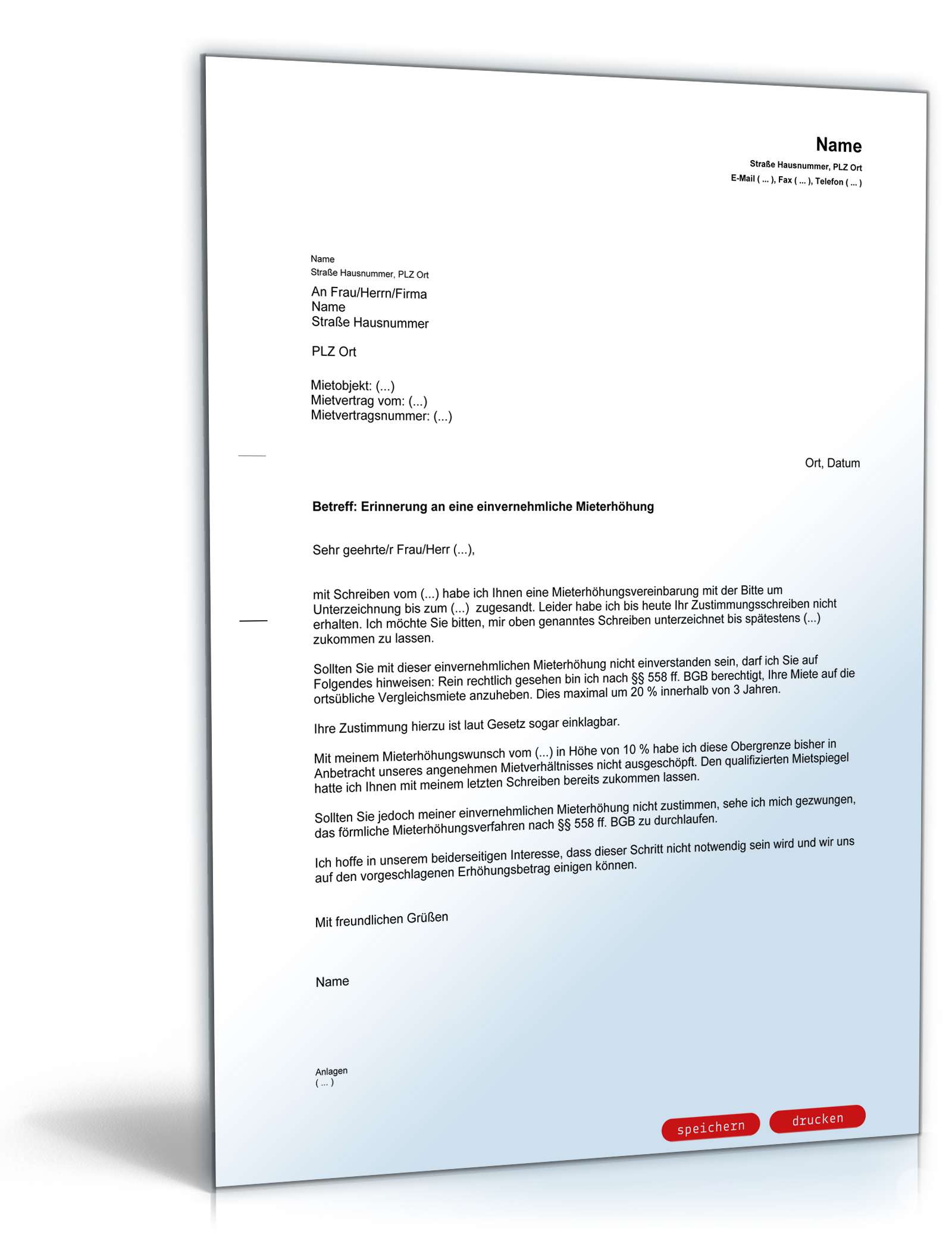 Erinnerung Mieterhöhung einvernehmlich  PDF