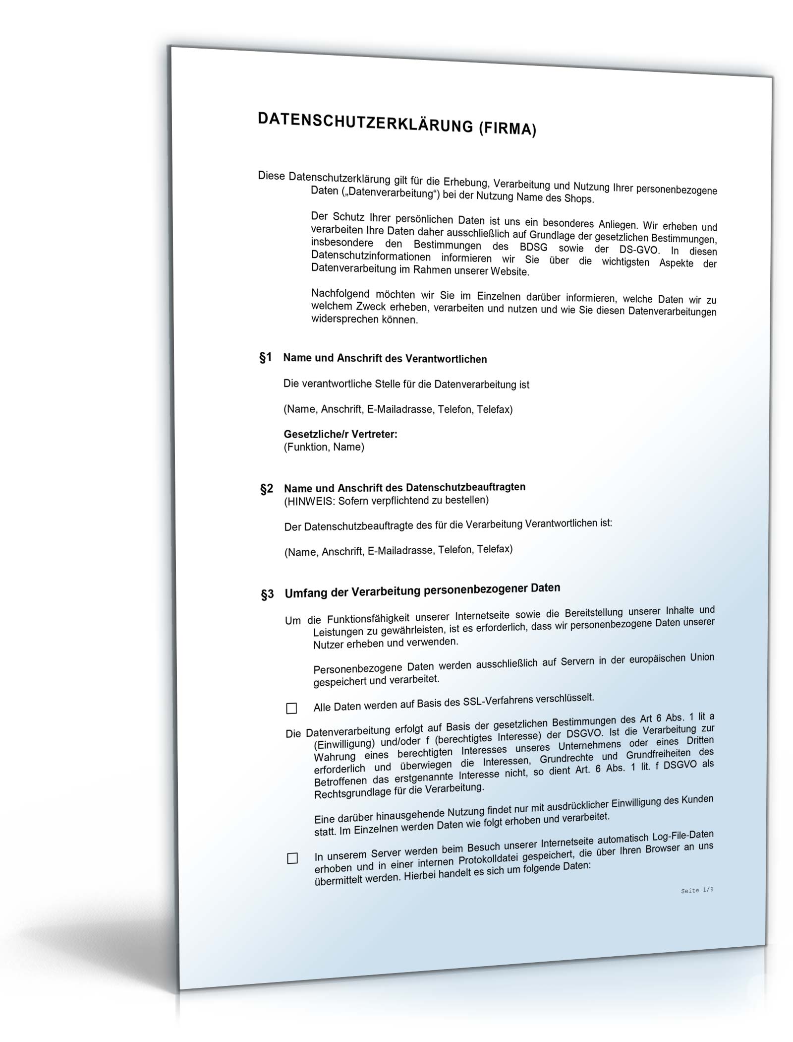 Datenschutzerklärung Online-Shop DSGVO Word