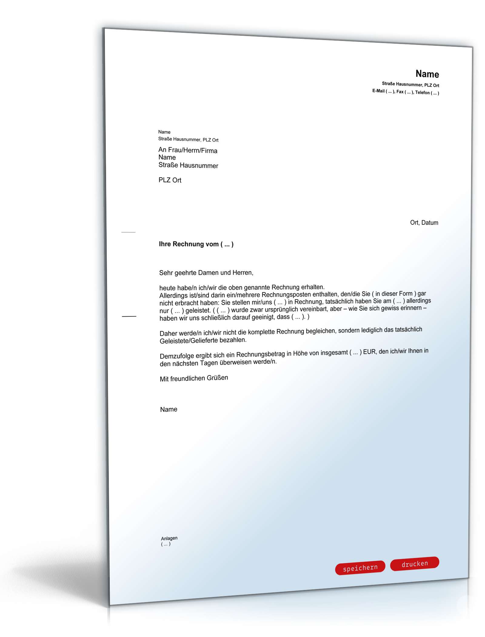 Zurückweisung einer Rechnung PDF