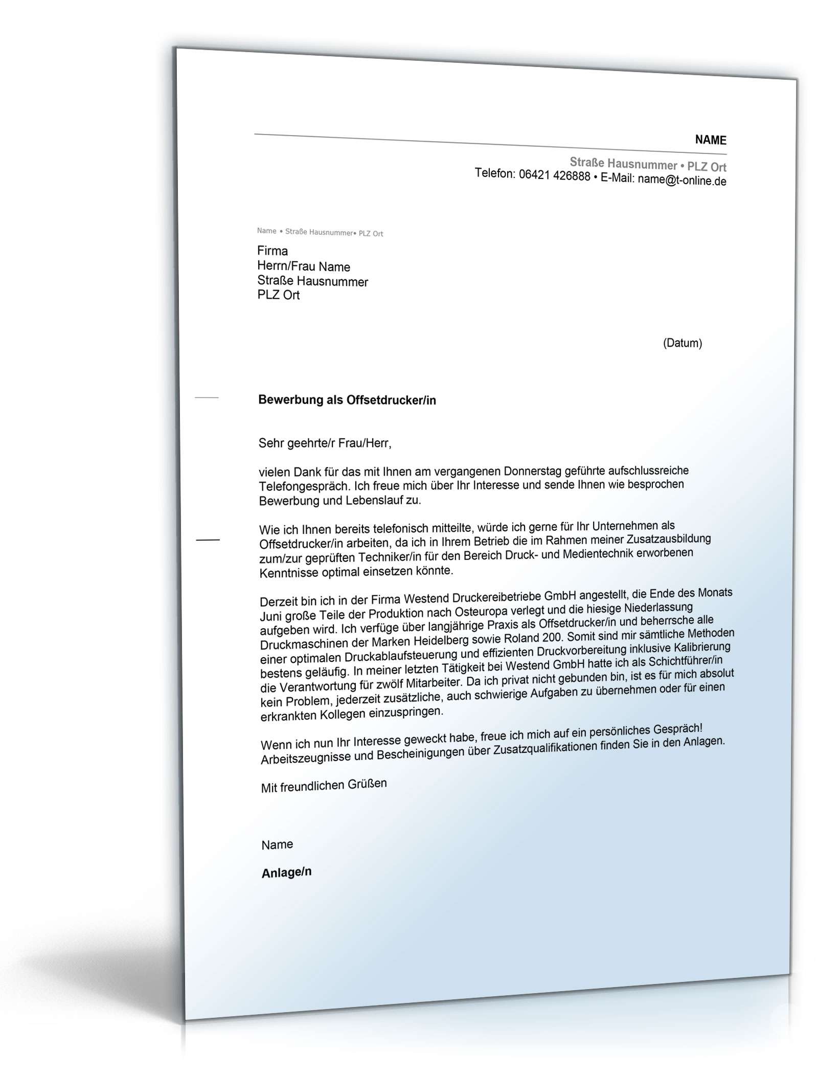 Anschreiben Bewerbung Drucker Excel