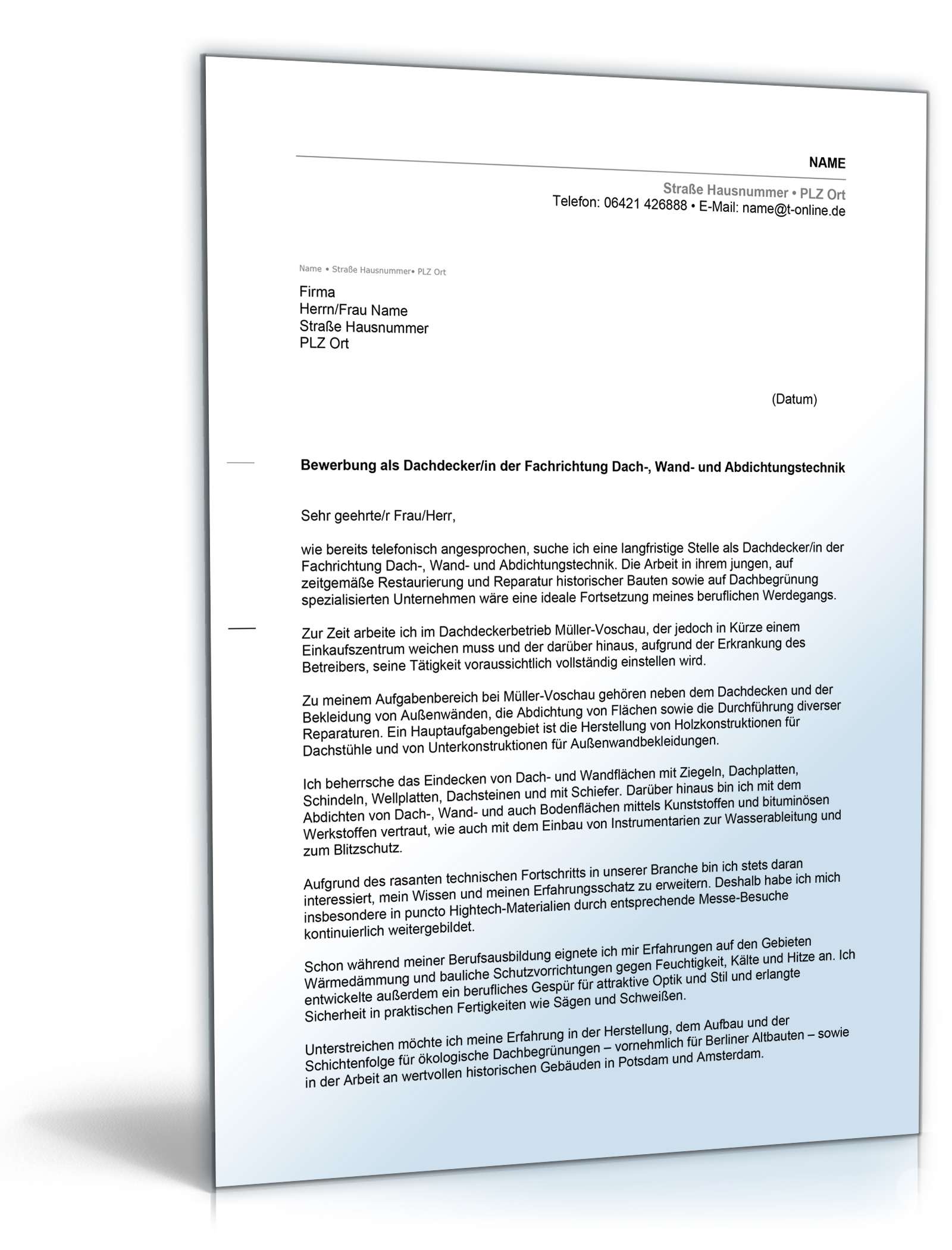 Anschreiben Bewerbung Dachdecker Excel