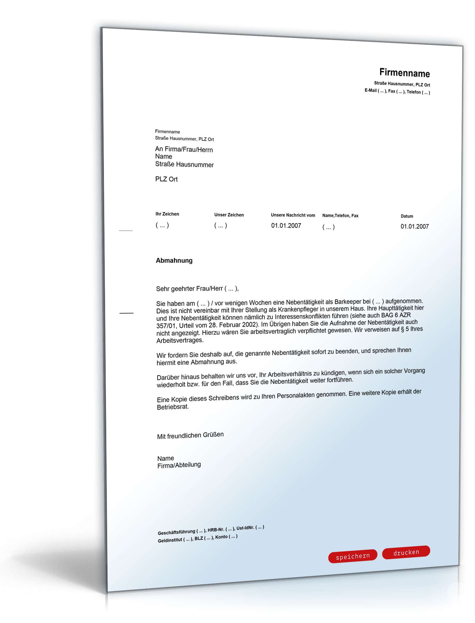 Abmahnung Nebentätigkeit PDF