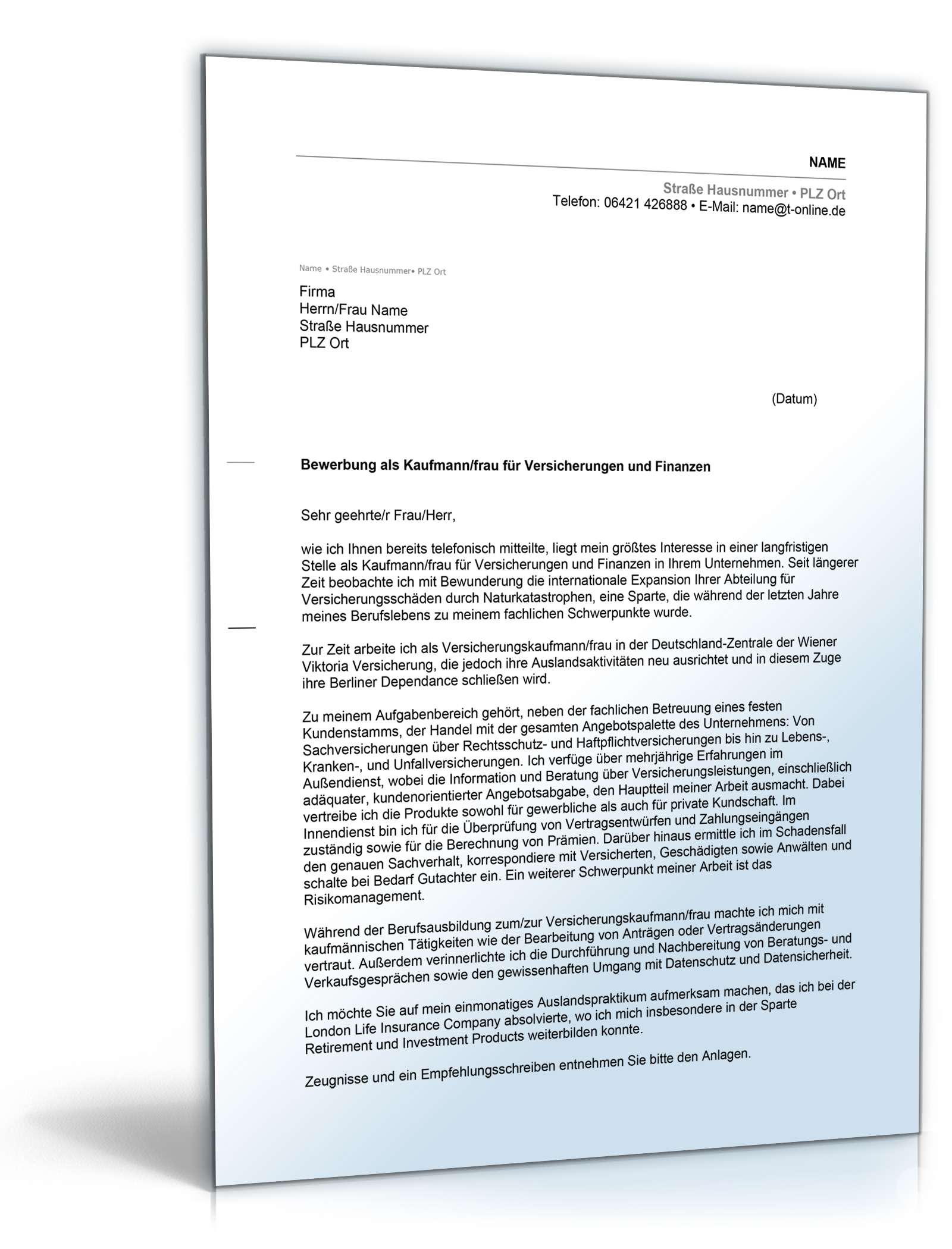Anschreiben Bewerbung Versicherungskaufmann Excel