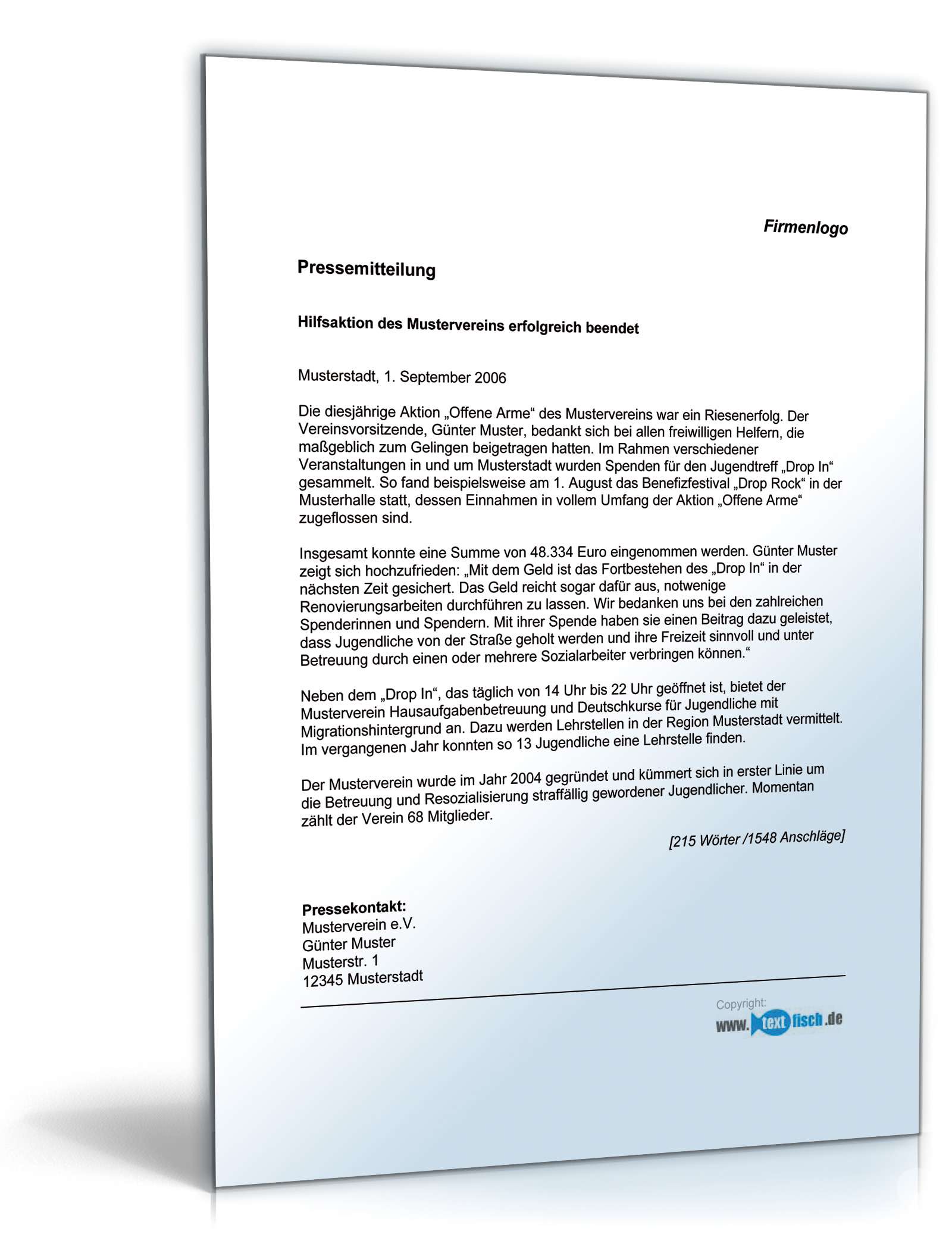 Pressemitteilung Ergebnisbericht einer Hilfsaktion eines Vereins