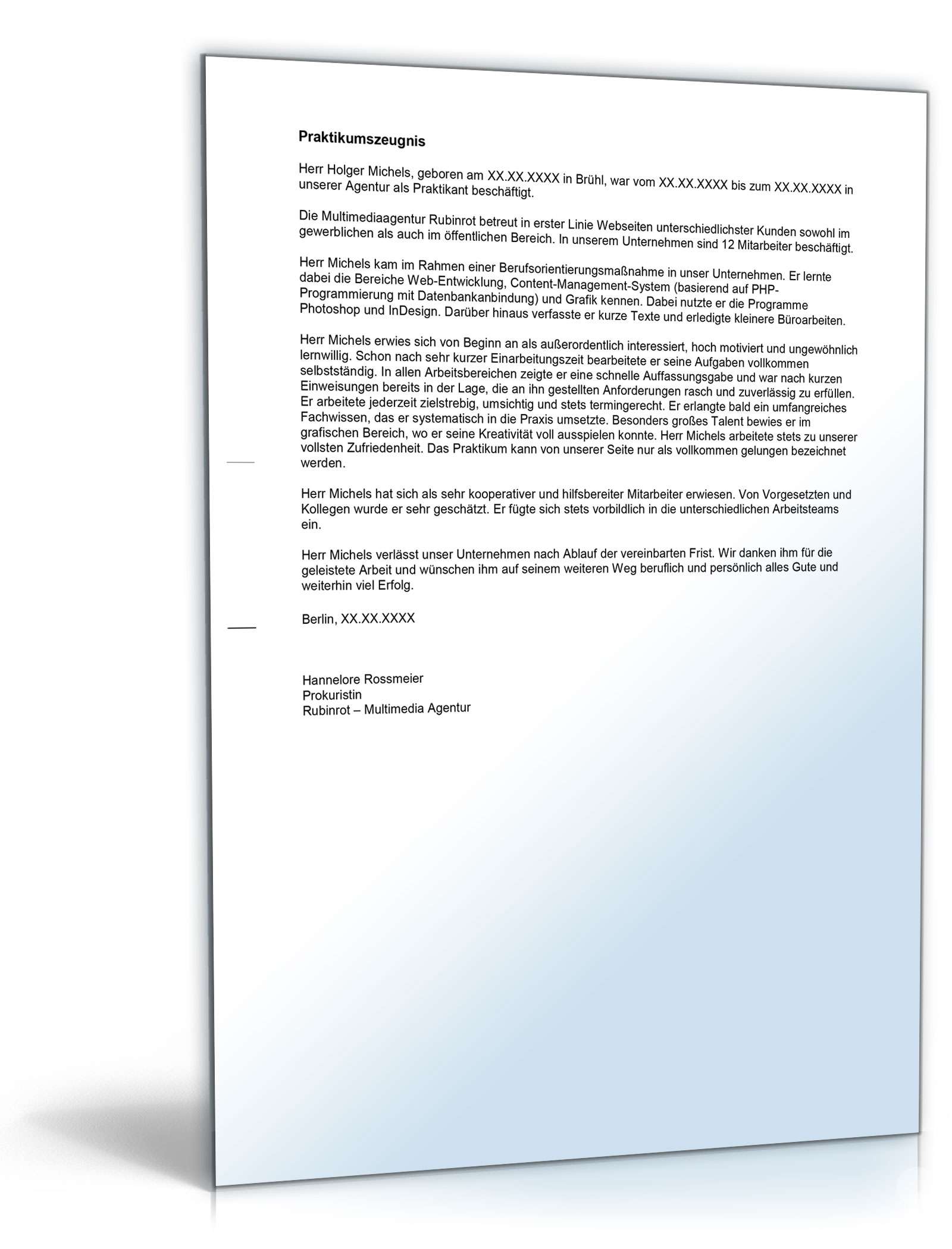 Praktikumszeugnis Praktikant in einer Multimedia-Agentur Excel. Seite: 3