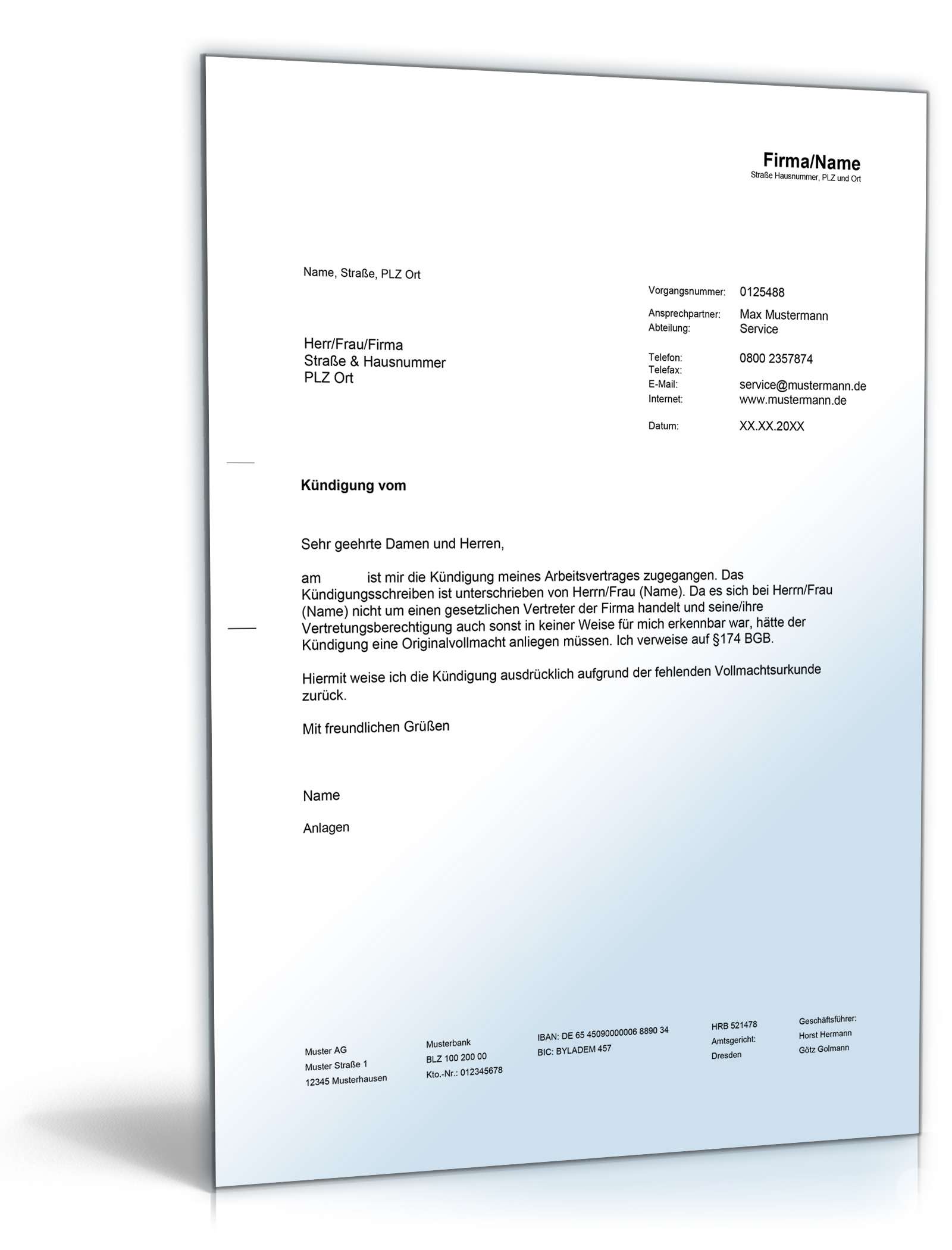 Zurückweisung einer Kündigung Word