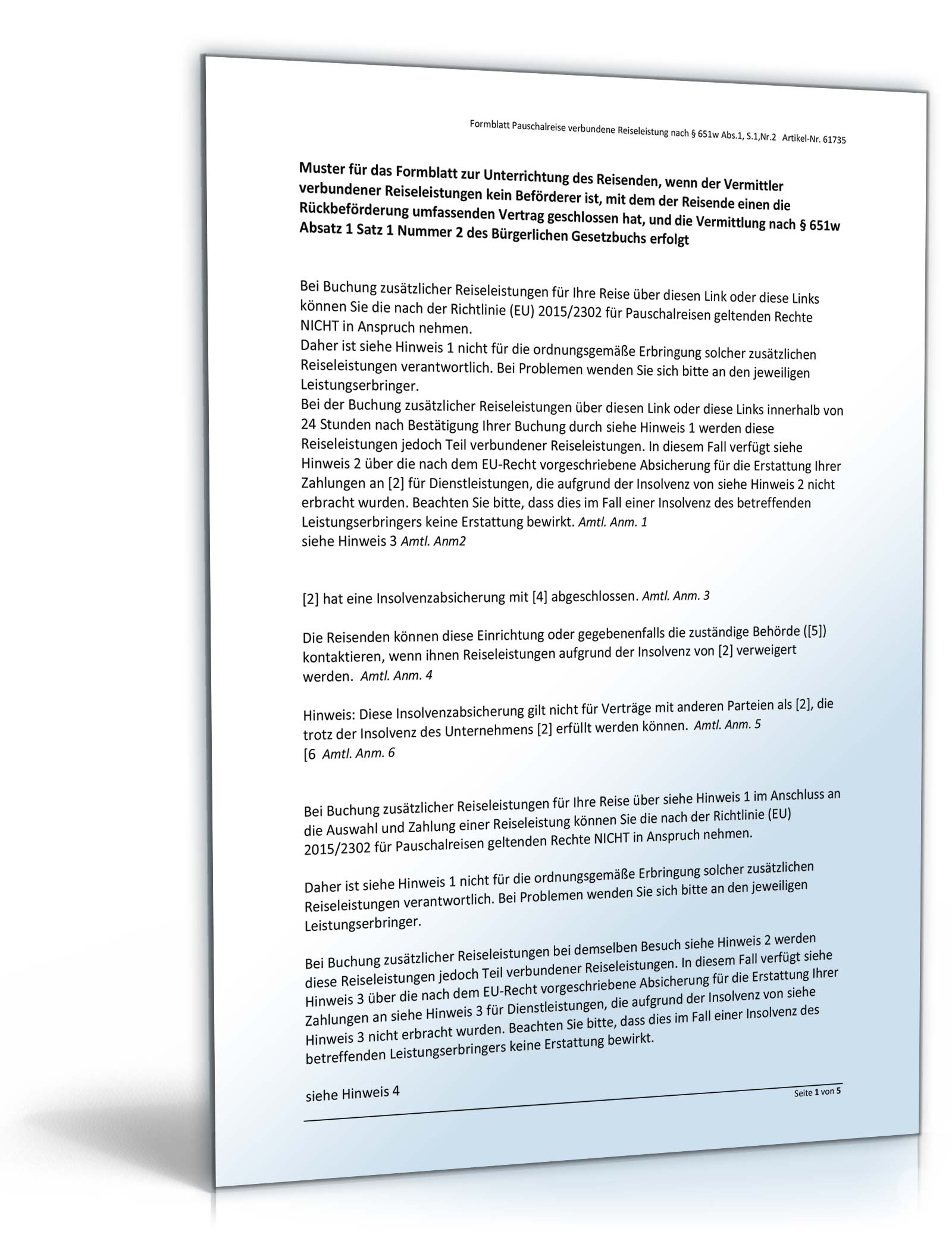 Formblatt Vermittlung verbundene Reiseleistungen § 651w Absatz 1 Satz 1 Nummer 2 BGB Word