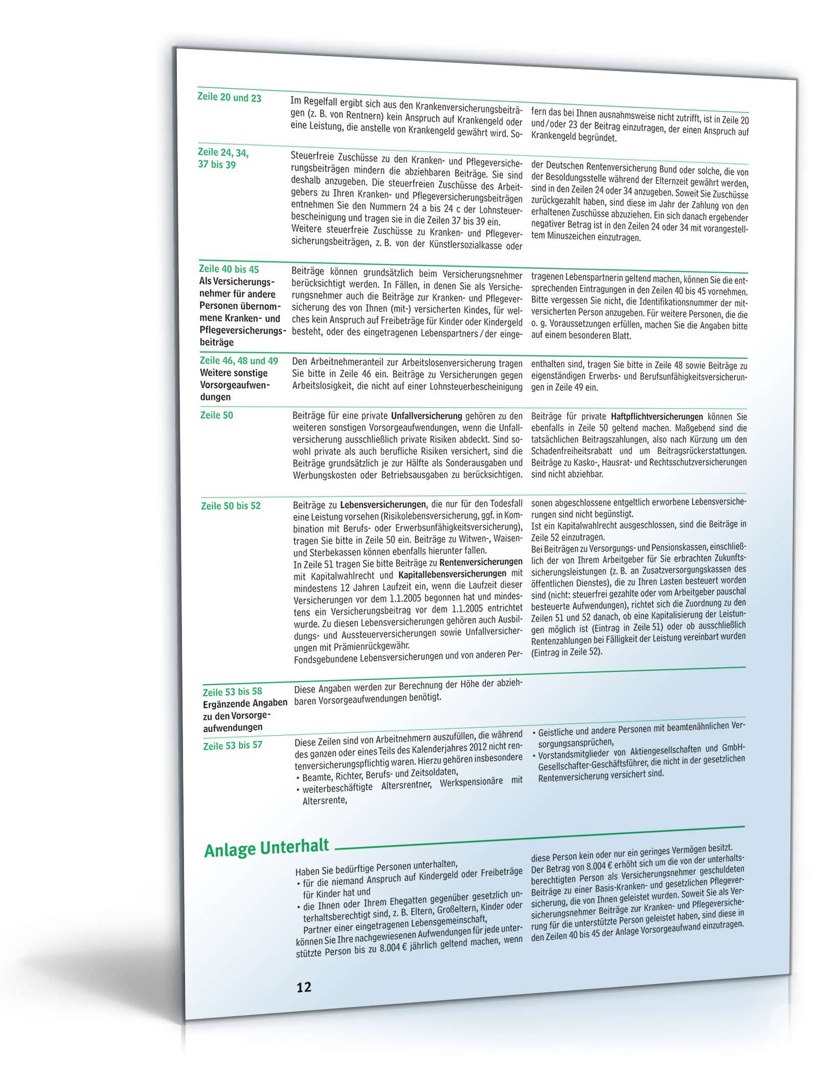 Anleitung zum ausfüllen der Einkommensteuererklärung 2012 PDF. Seite: 12
