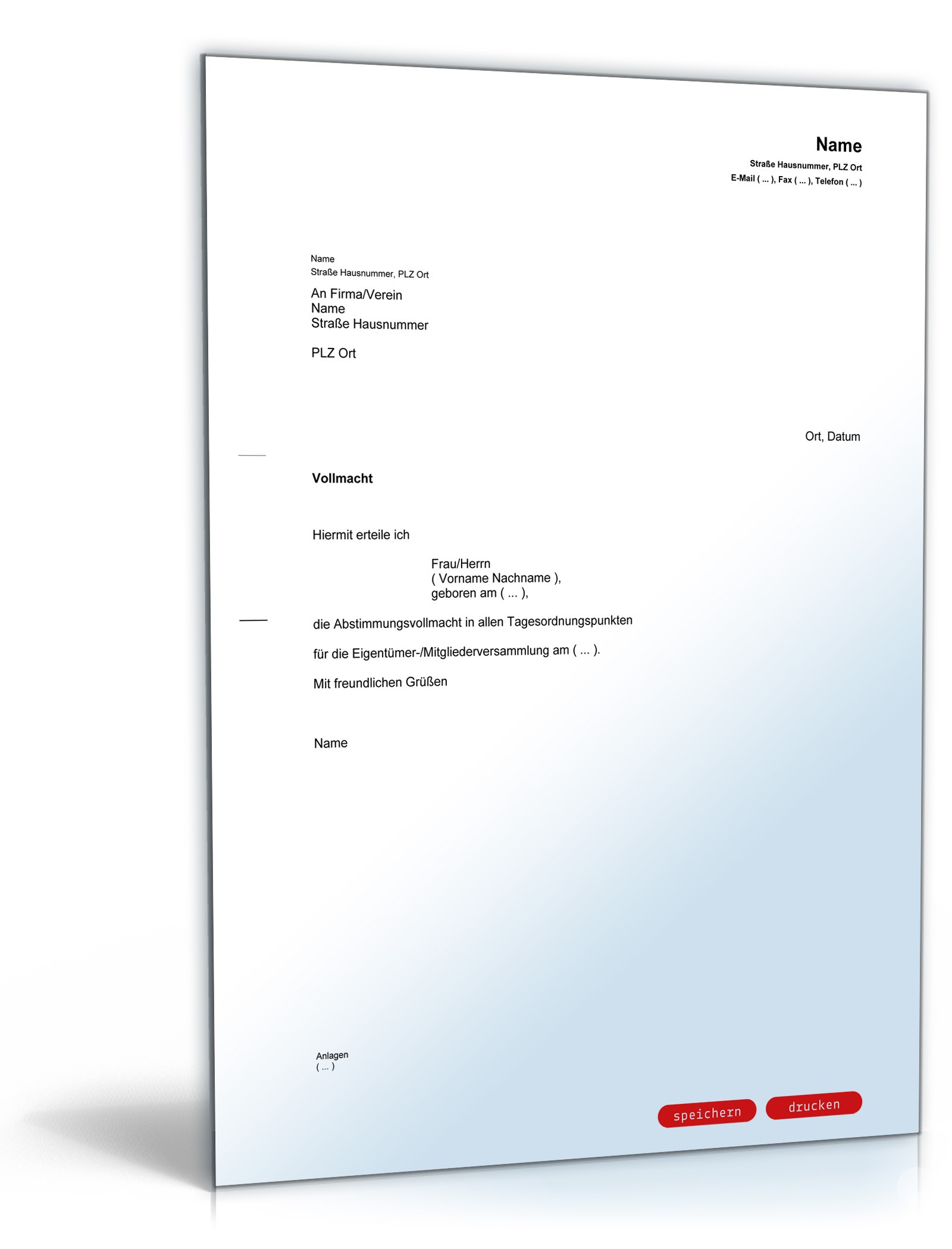 Vollmacht für eine Eigentümerversammlung PDF