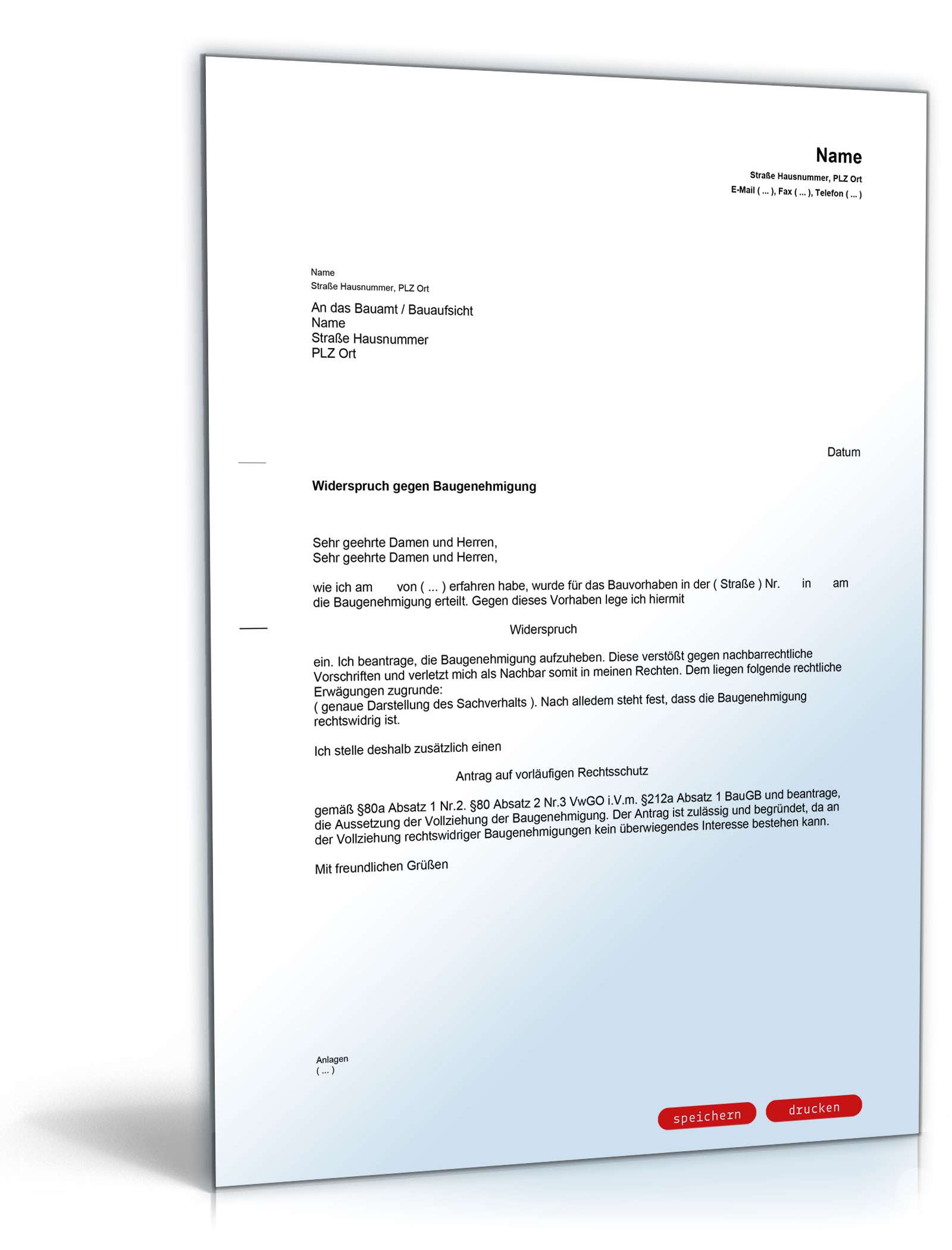 Widerspruch beim Bauamt gegen eine Baugenehmigung PDF
