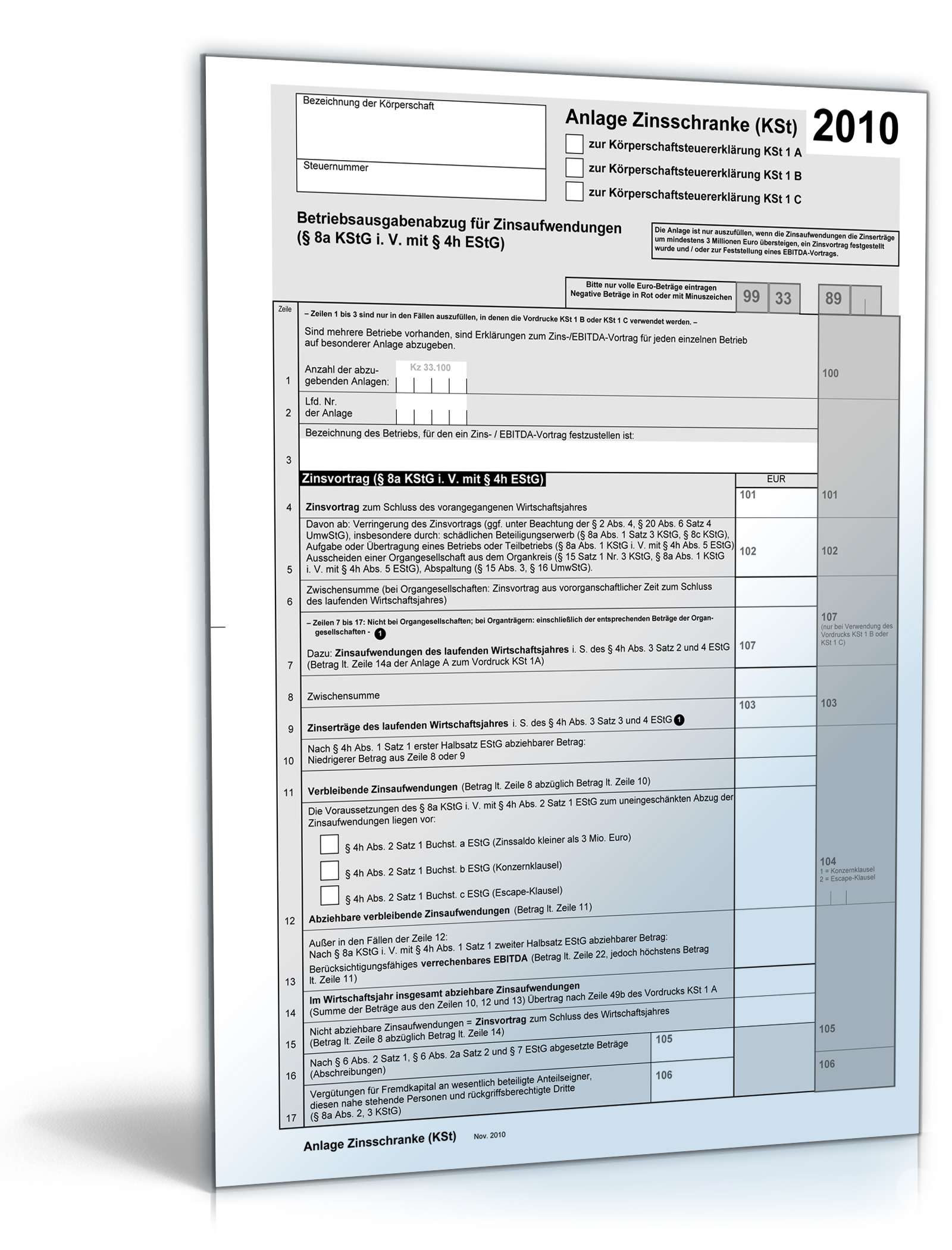 Anlage Zinsschranke (KSt) 2010  PDF