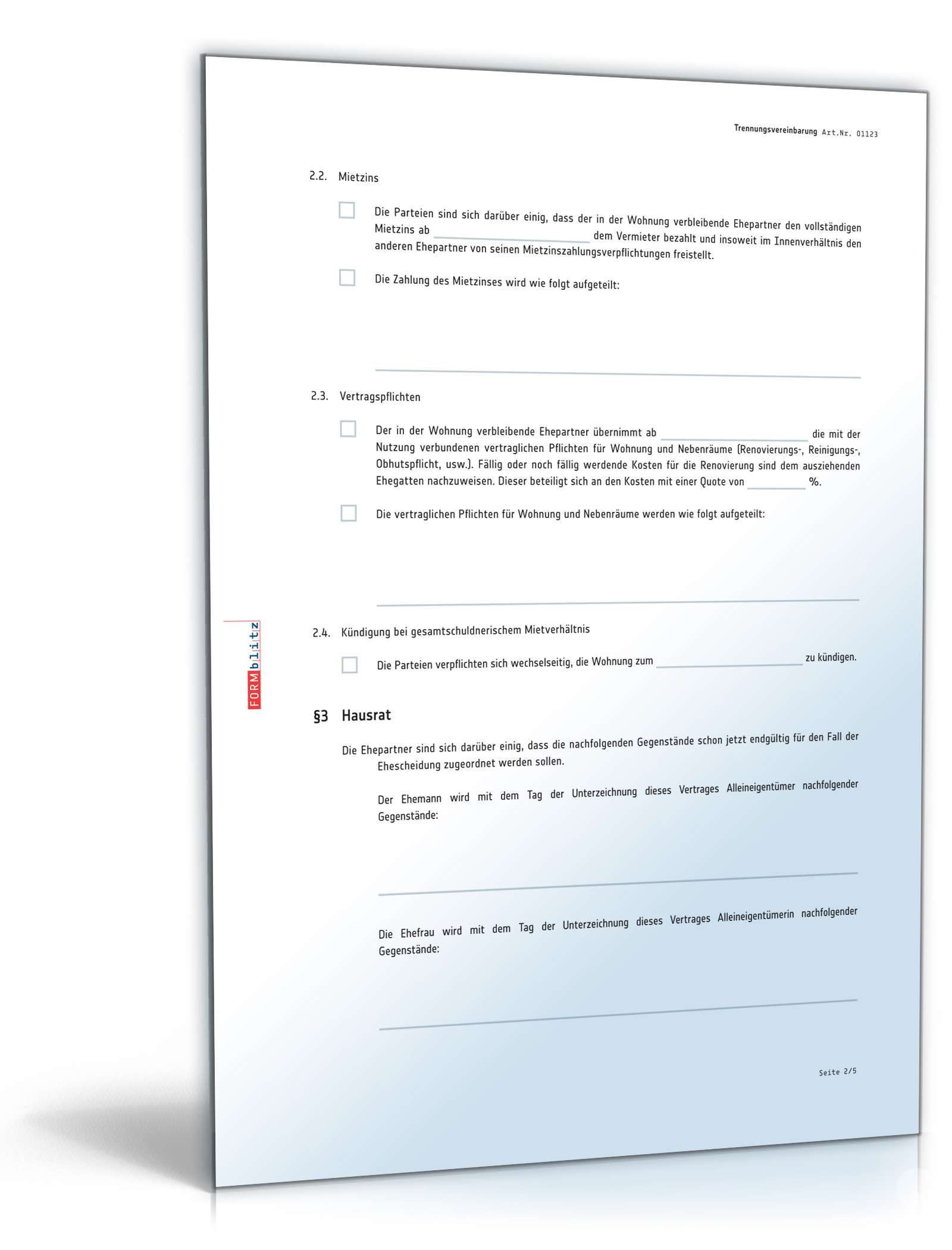 Trennungsvereinbarung Eheleute mit Kind PDF. Seite: 2