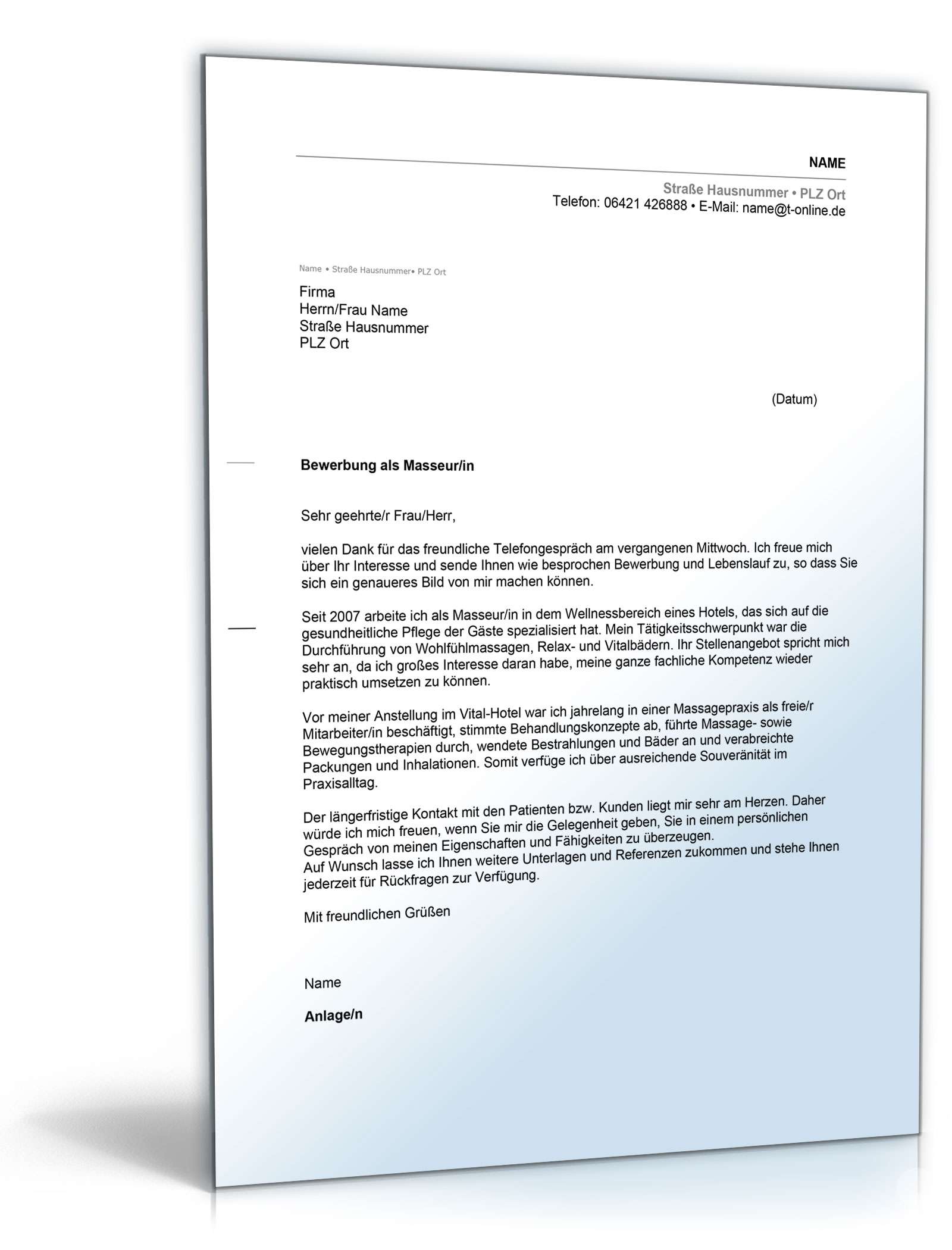 Anschreiben Bewerbung Masseur Excel