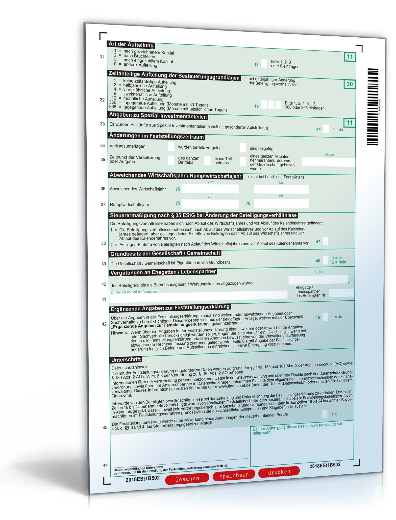 Erklärung zur gesonderten und einheitlichen Feststellung 2018  PDF. Seite: 2