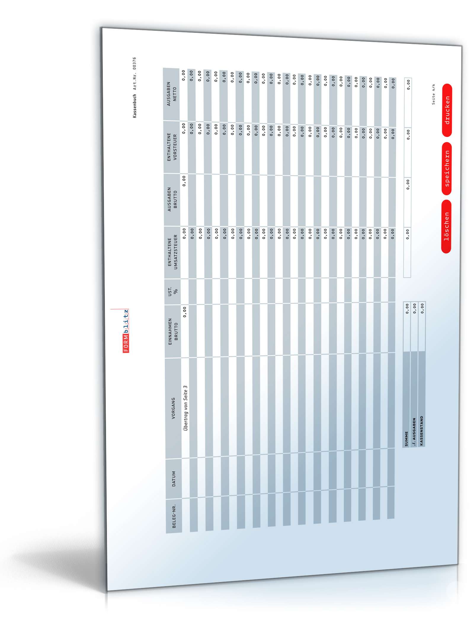 Kassenbuch im Querformat PDF. Seite: 4