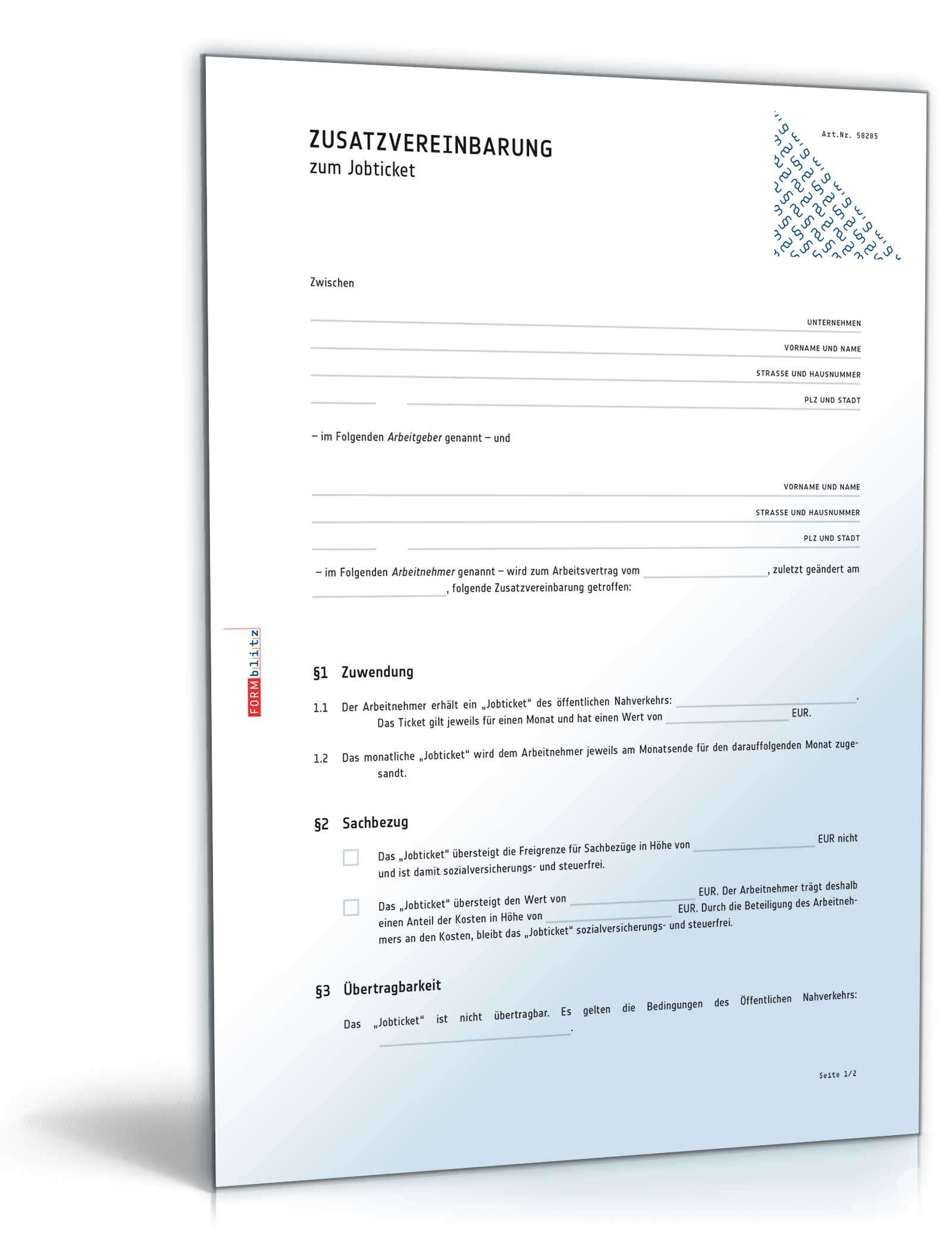 Zusatzvereinbarung zum Jobticket PDF