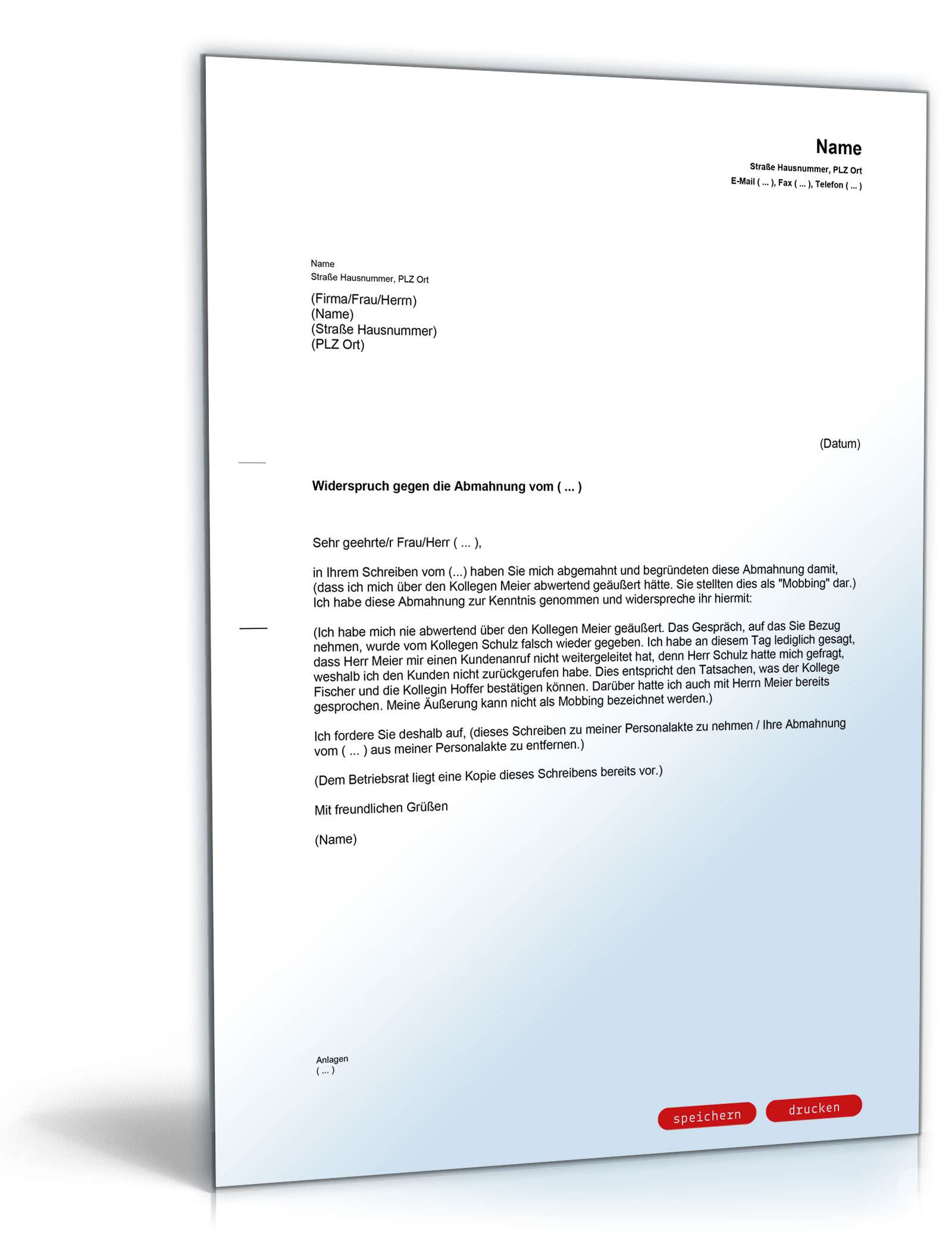 Gegendarstellung Abmahnung Mobbing PDF