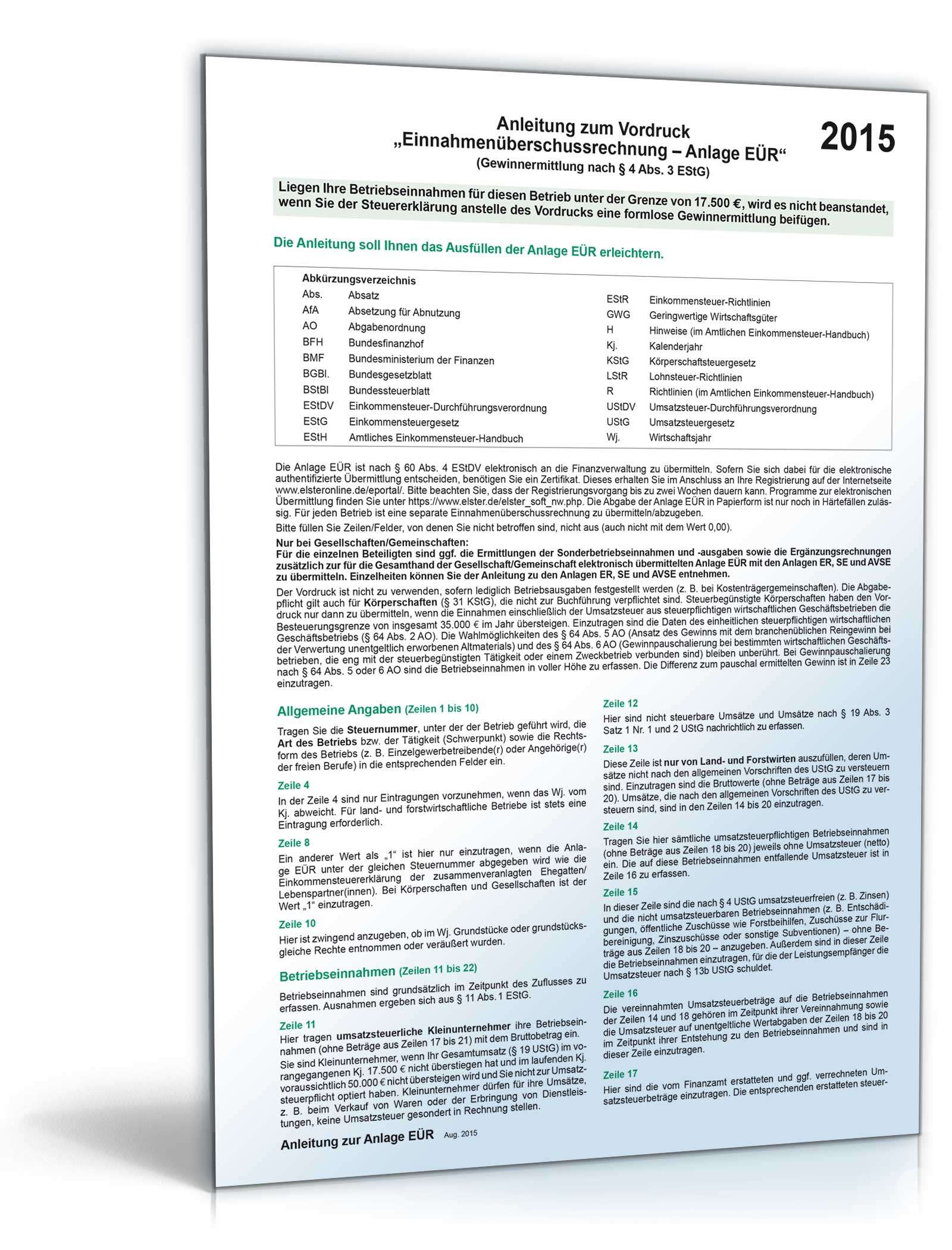 Anleitung für Anlage EÜR 2015 PDF