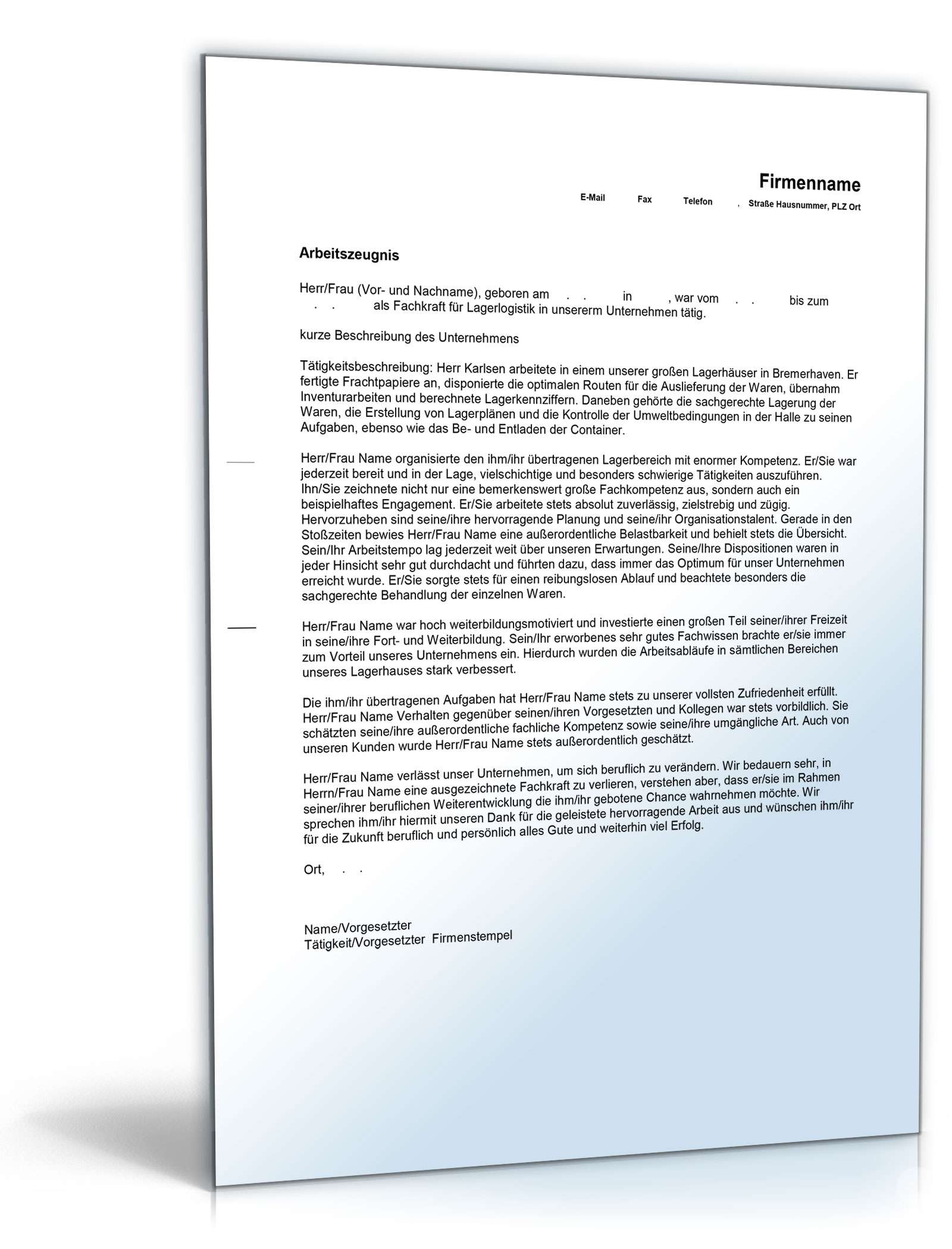 Arbeitszeugnis Fachkraft Lagerlogistik Excel. Seite: 4